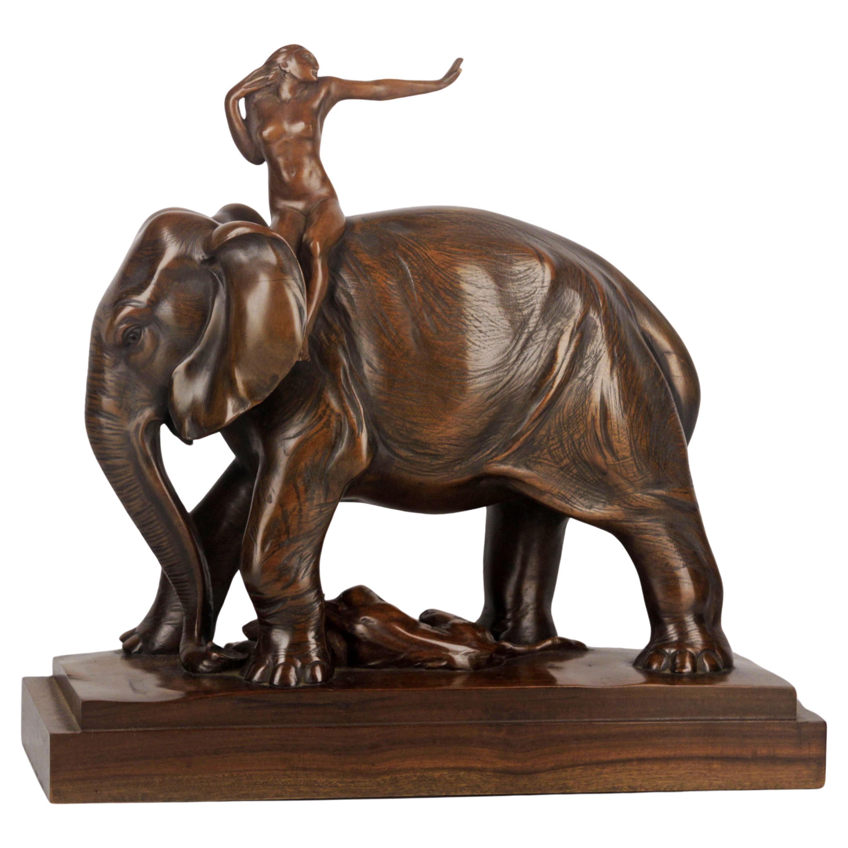 African Elephant, Tiger and Woman Rider Varnished Wood Sculpture by J. Zanetti