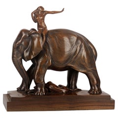 Vintage African Elephant, Tiger and Woman Rider Varnished Wood Sculpture by J. Zanetti