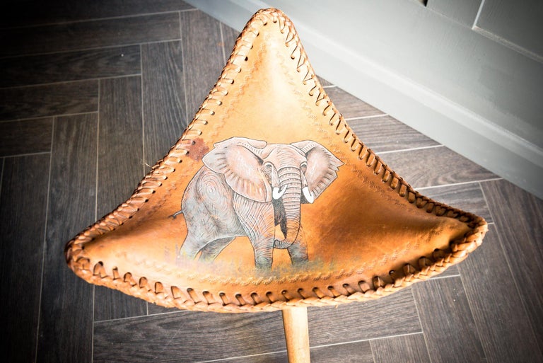 African Elephant Tripod Leather Topped Stool In Good Condition For Sale In Alton, GB