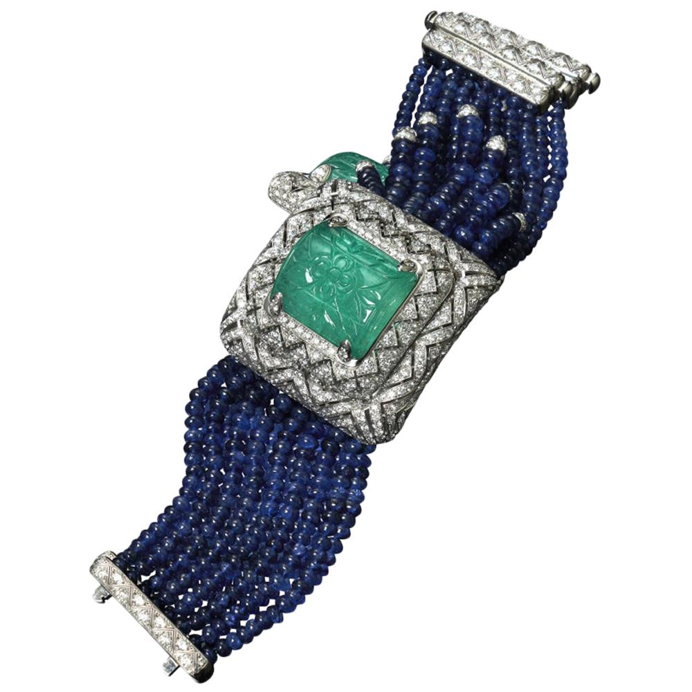 Veschetti 18 Kt White Gold, Emerald, Ceylon Sapphire and Diamond Watch-Bracelet For Sale