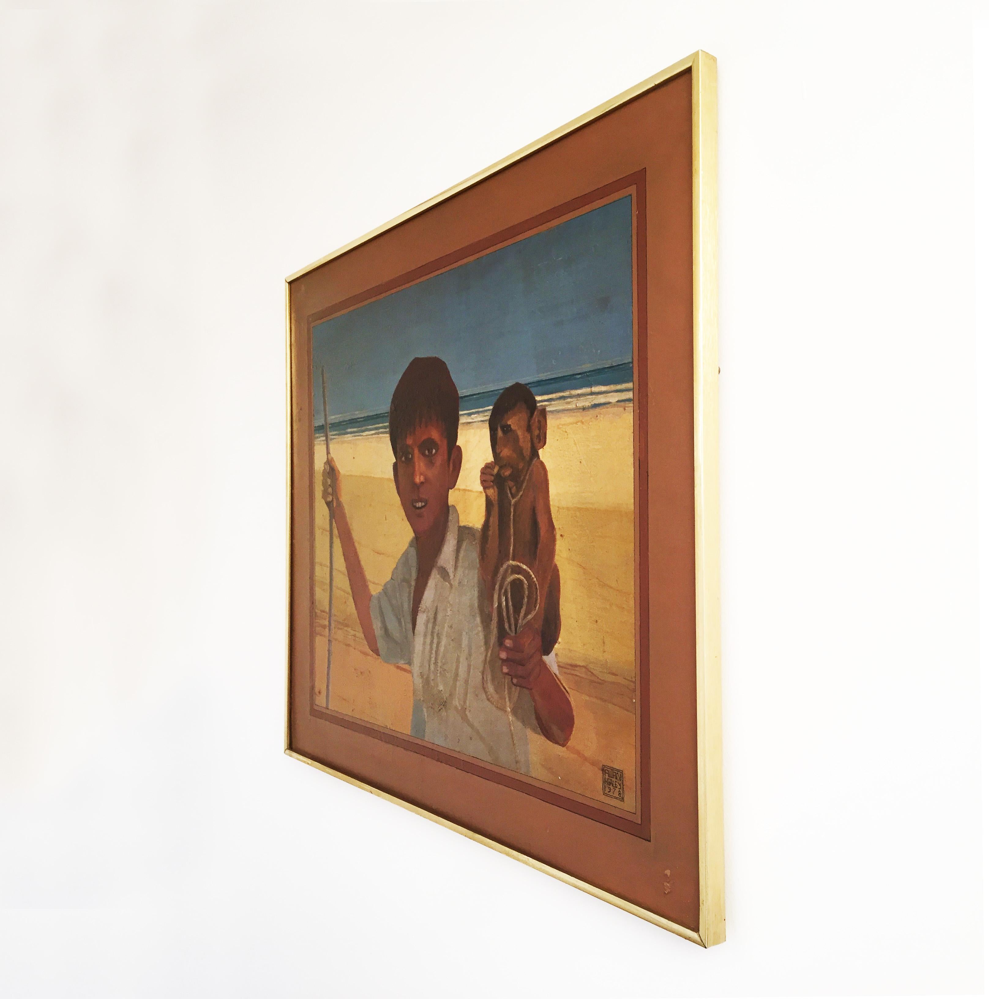 An exotic vintage painting signed by Alan Healey and painted in the 1970s, depicting a North African boy with his little monkey on his shoulder nearby the sea. 

   
  