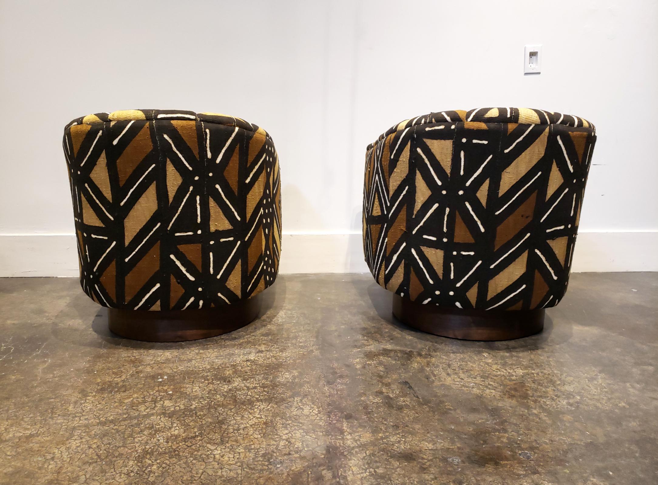 Mid-Century Modern African Fabric Midcentury Swivel Club Chairs a Pair
