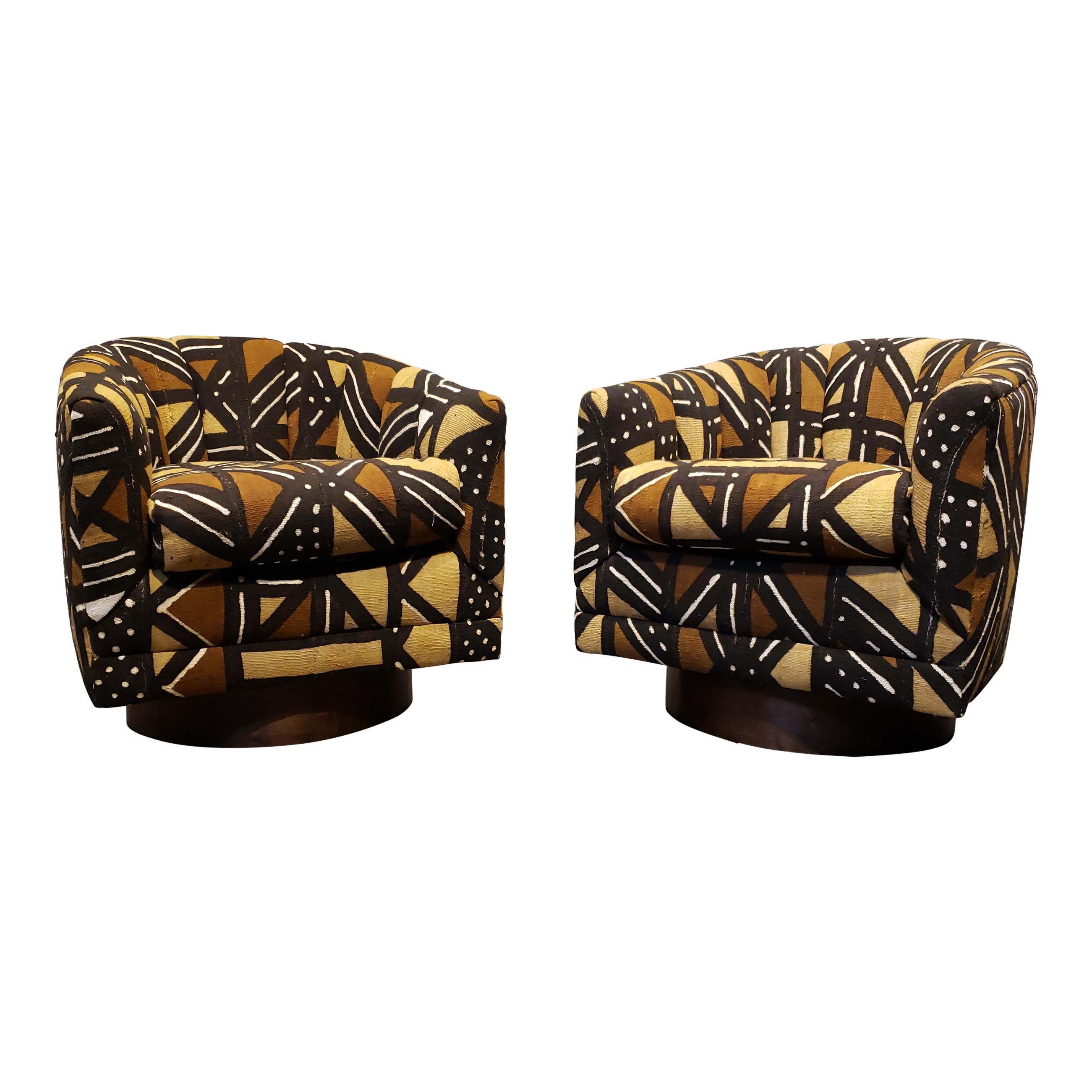 African Fabric Midcentury Swivel Club Chairs a Pair