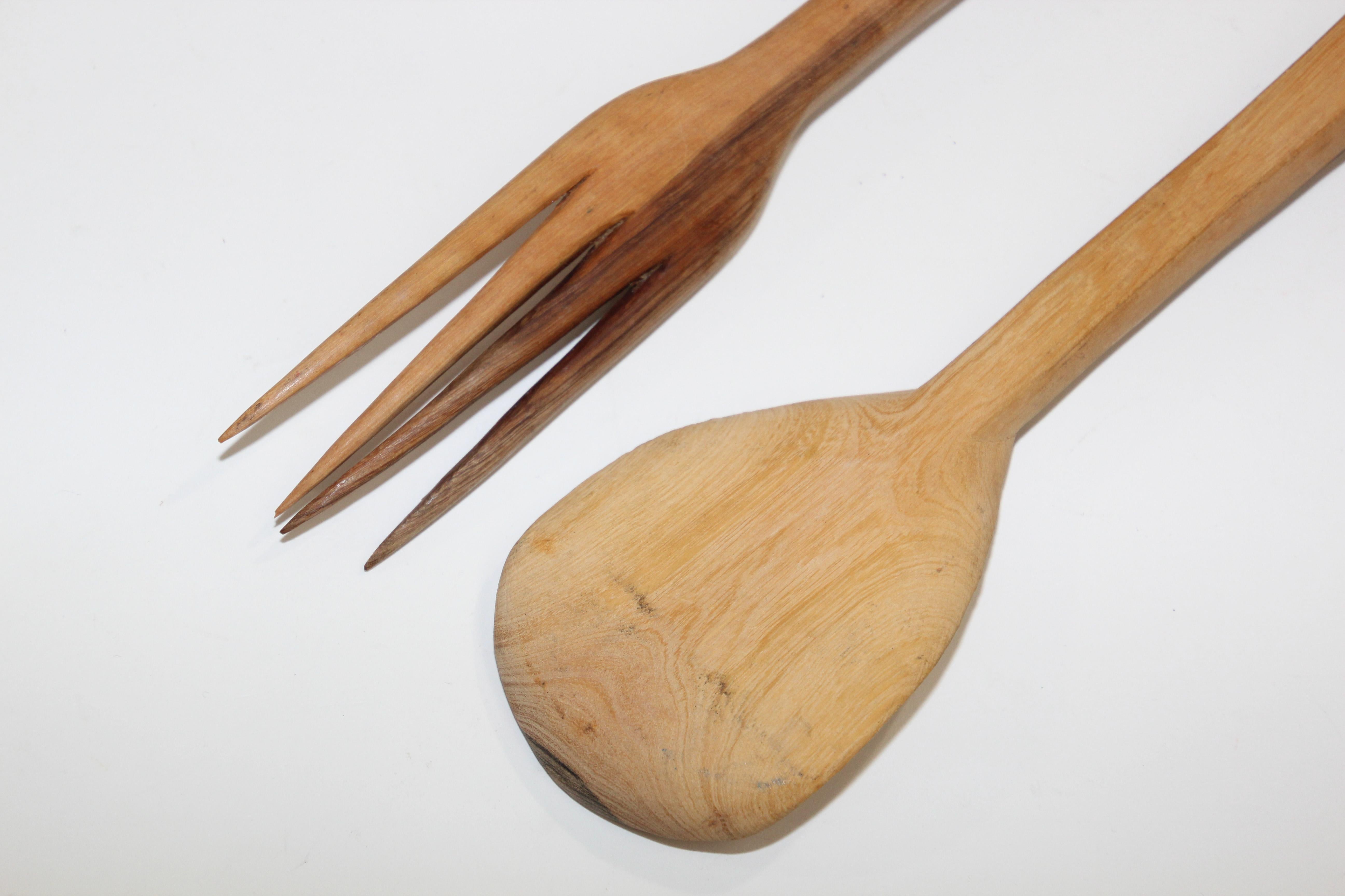 Wood African Folk Art Hand Carved Sculpture Fork and Spoon For Sale