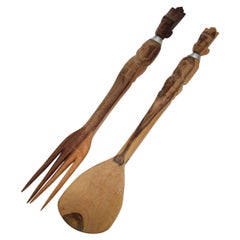 African Folk Art Hand Carved Sculpture Fork and Spoon