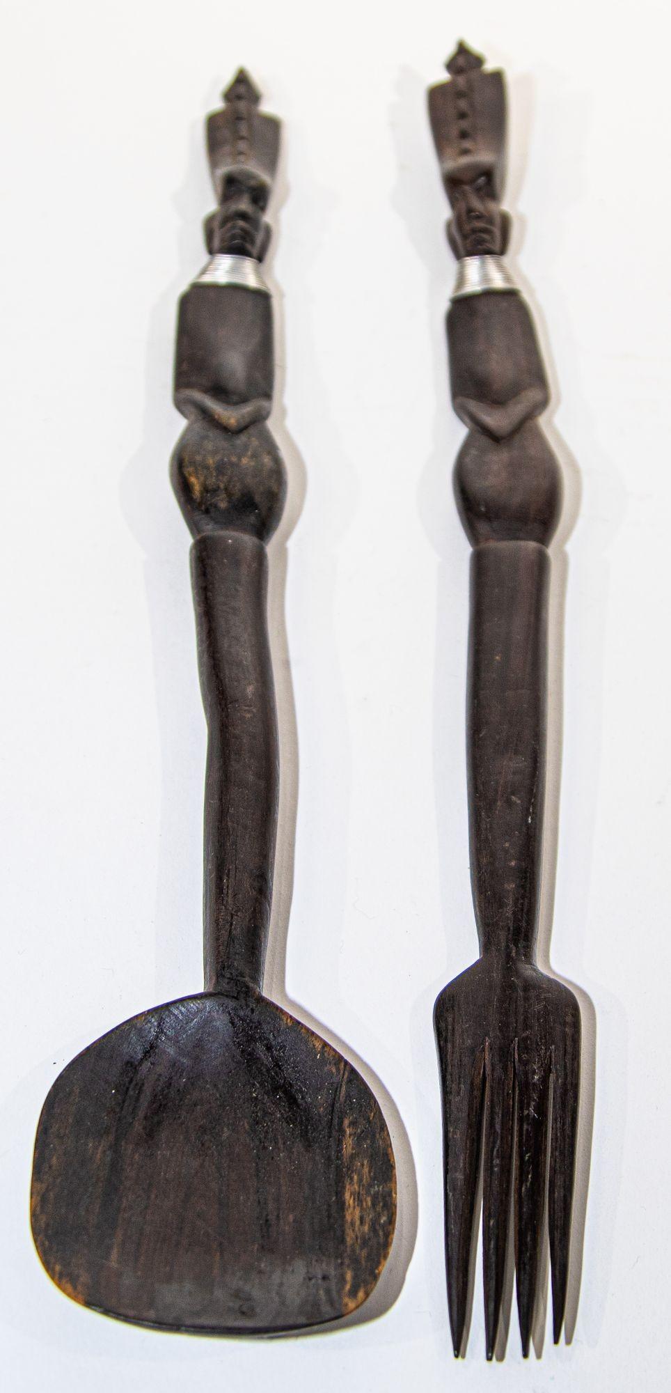 African Folk Art Hand Carved Sculptures Fork and Spoon Dark Ebony Wood For Sale 4