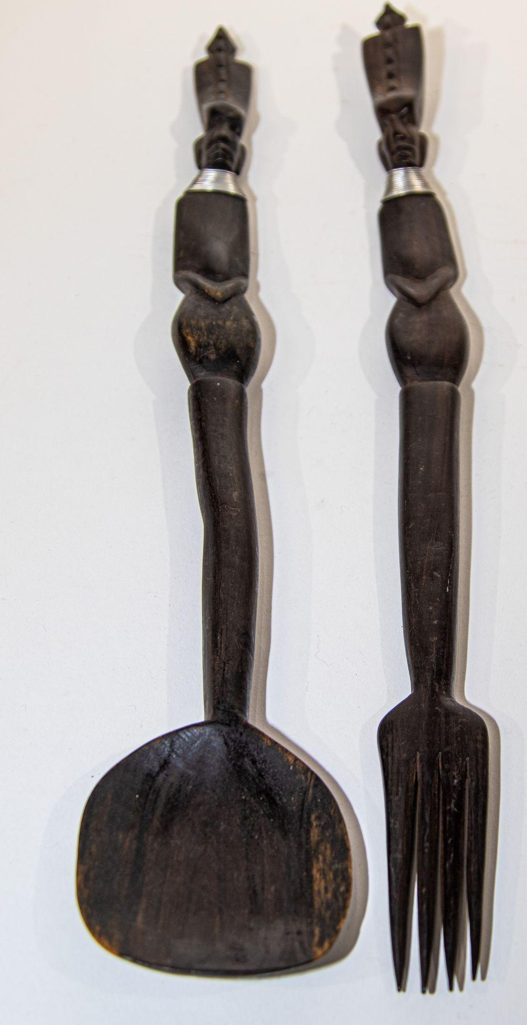 African Folk Art Hand Carved Sculptures Fork and Spoon Dark Ebony Wood For Sale 5