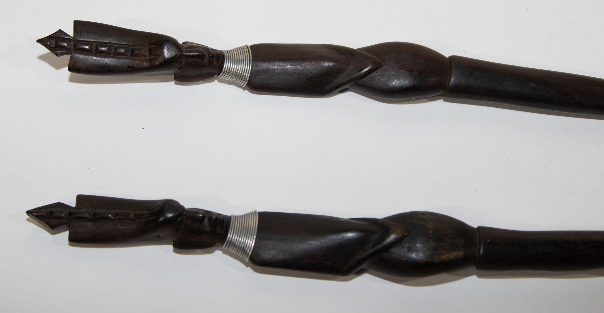 Kenyan African Folk Art Hand Carved Sculptures Fork and Spoon Dark Ebony Wood For Sale
