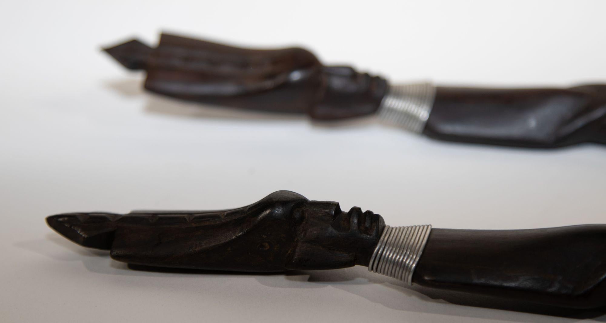Hand-Carved African Folk Art Hand Carved Sculptures Fork and Spoon Dark Ebony Wood For Sale