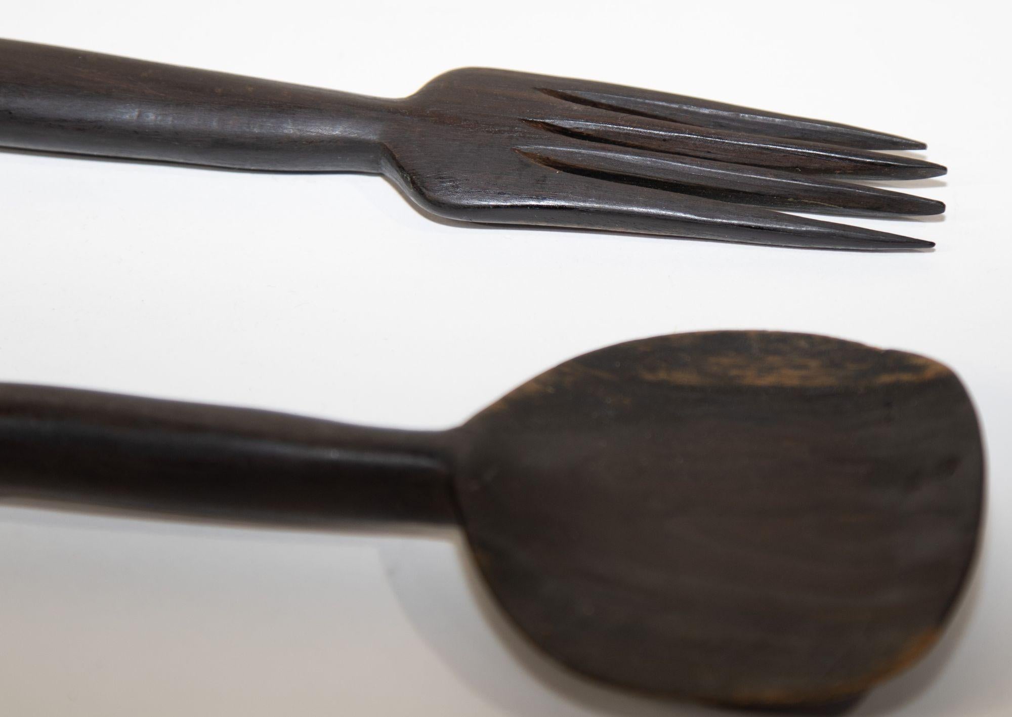 20th Century African Folk Art Hand Carved Sculptures Fork and Spoon Dark Ebony Wood For Sale