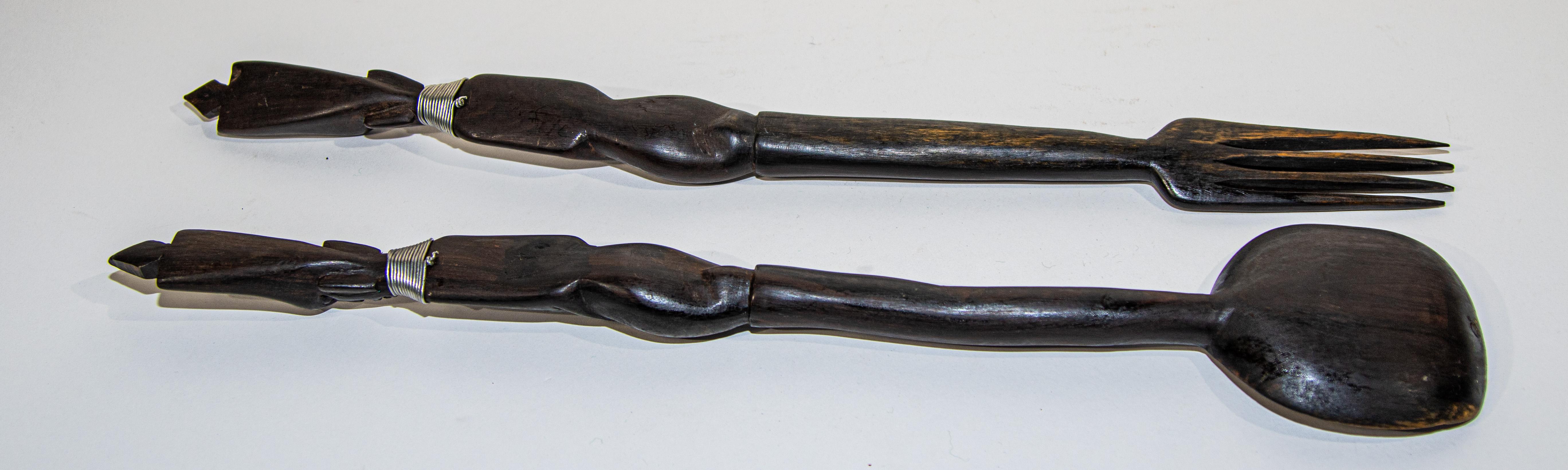 African Folk Art Hand Carved Sculptures Fork and Spoon Dark Ebony Wood For Sale 1