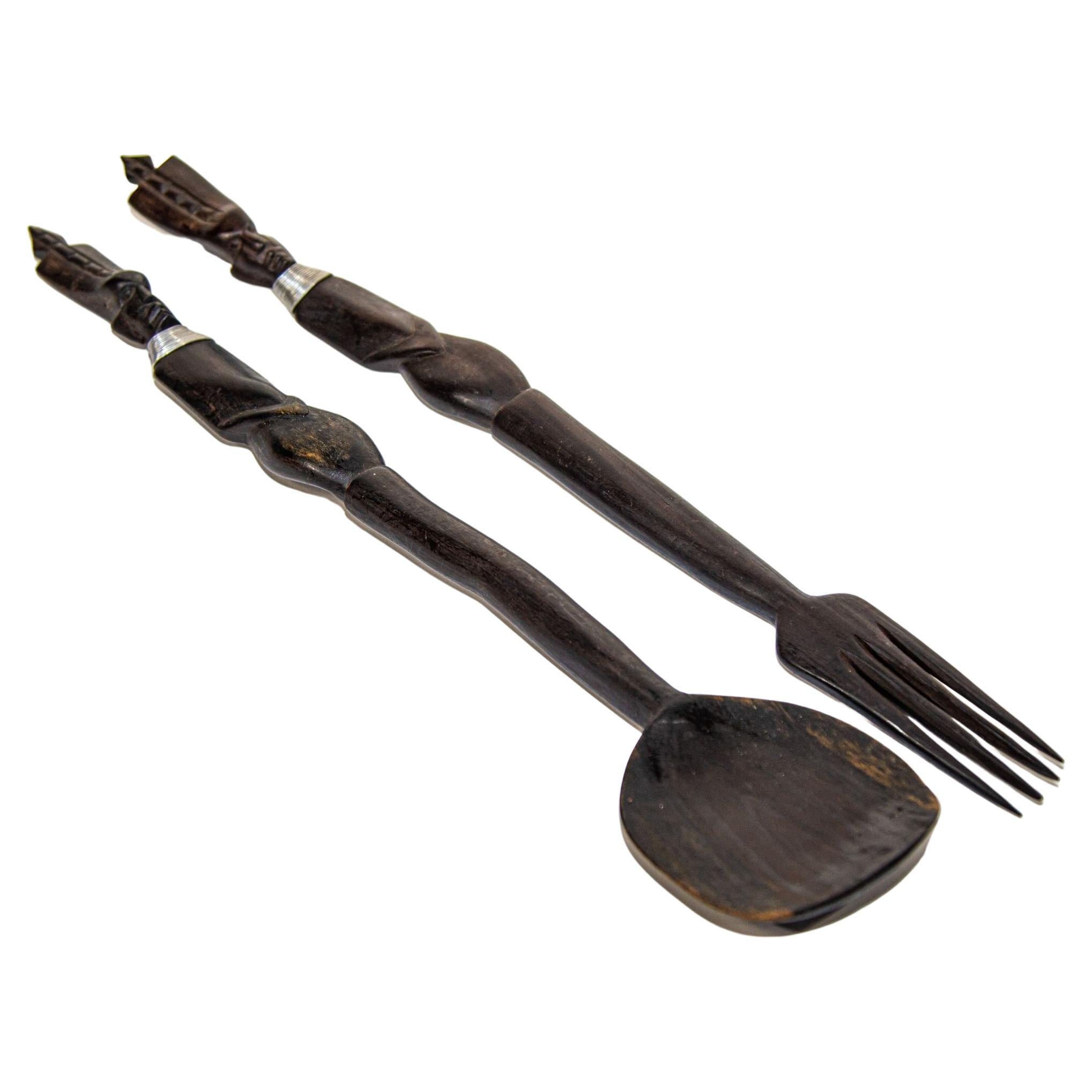 African Folk Art Hand Carved Sculptures Fork and Spoon Dark Ebony Wood