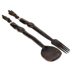 Vintage African Folk Art Hand Carved Sculptures Fork and Spoon Dark Ebony Wood