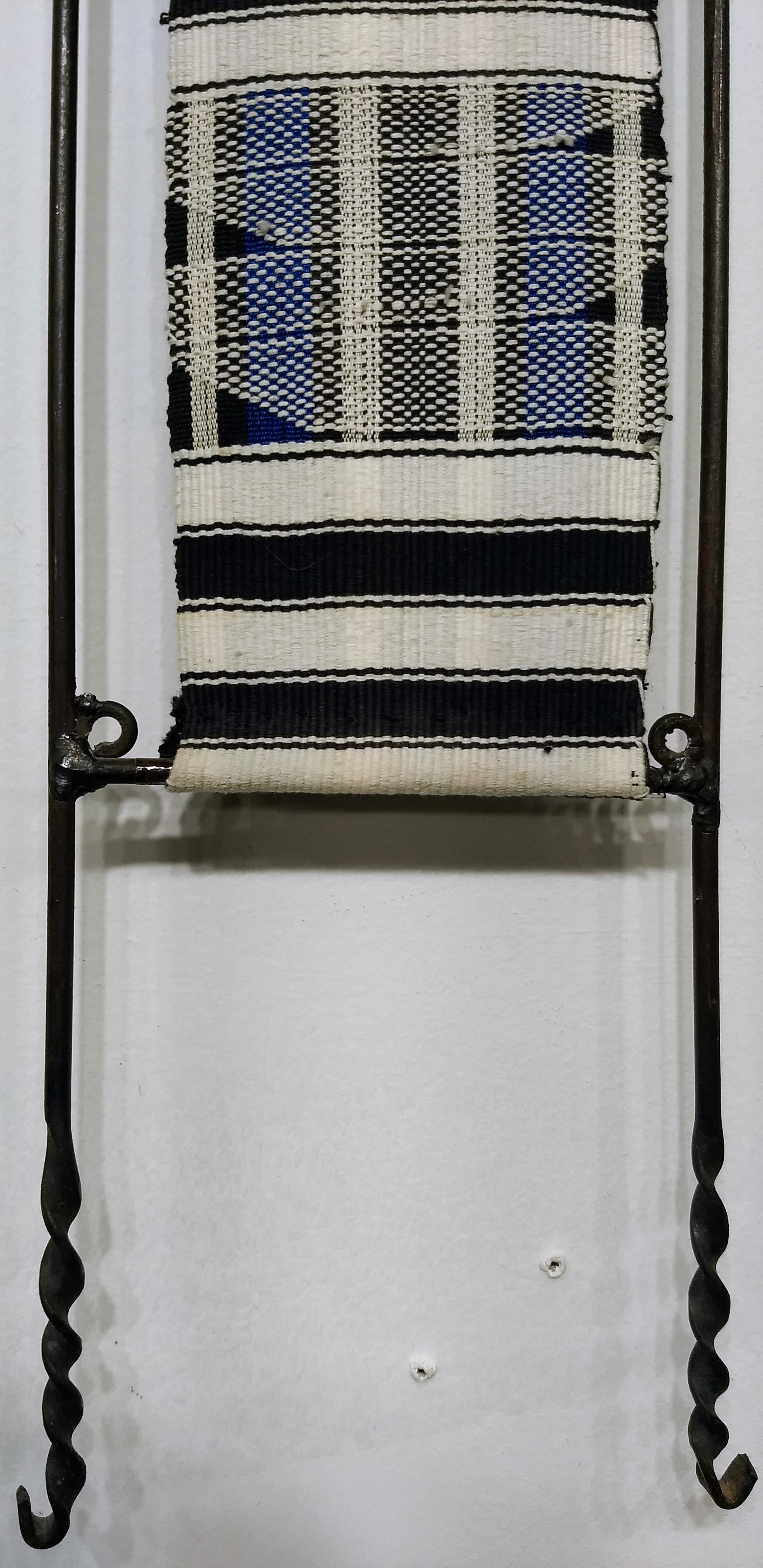 African Handwoven Tapestry in Hand-Crafted  Metal Frame in Indigo Blue, White  For Sale 1
