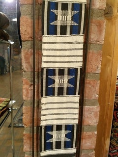 African Handwoven Tapestry in Hand-Crafted  Metal Frame in Indigo Blue, White 