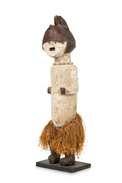 African Gabon 20th Century Hand Carved Reliquary Fetish Figure in Grass Skirt