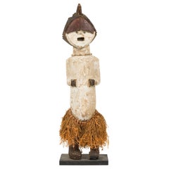 African Gabon 20th Century Hand Carved Reliquary Fetish Figure in Grass Skirt