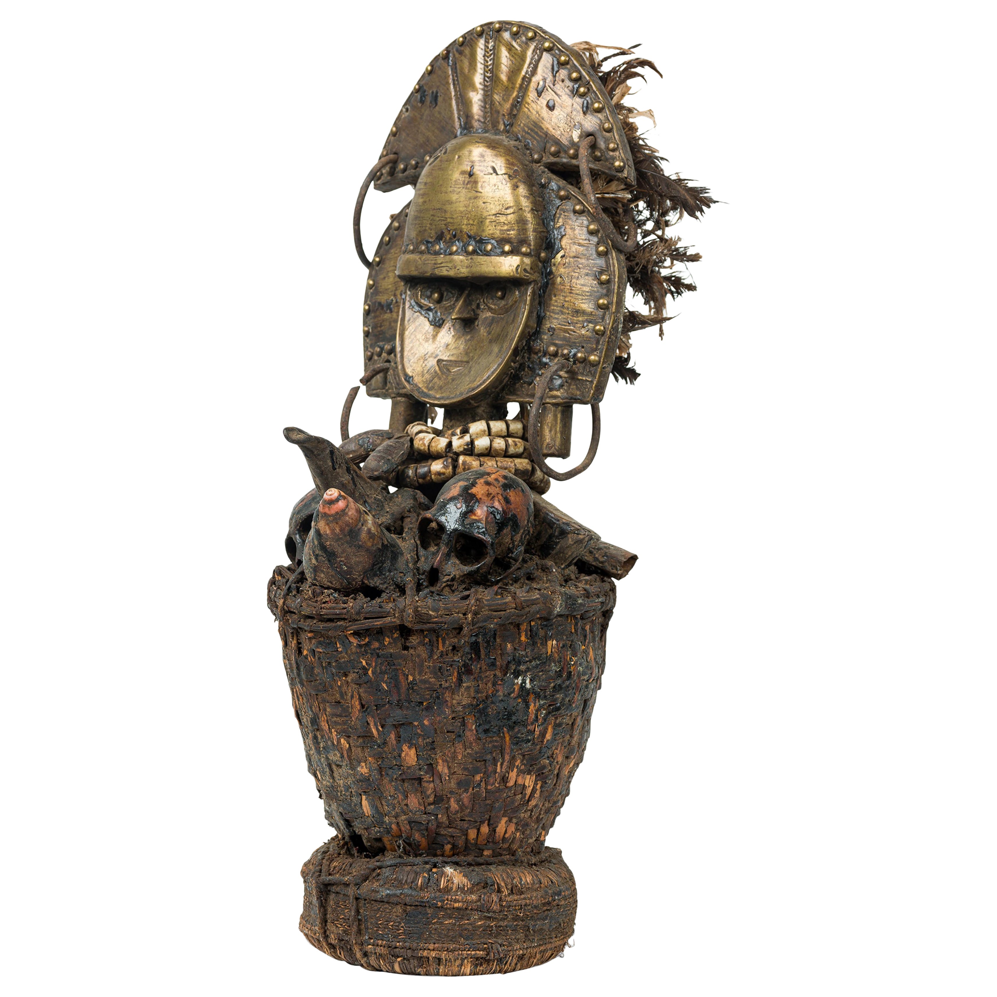 African Gabon 20th Century Wood 
Brass Kota Mahangwe Reliquary Figure w/ Basket For Sale