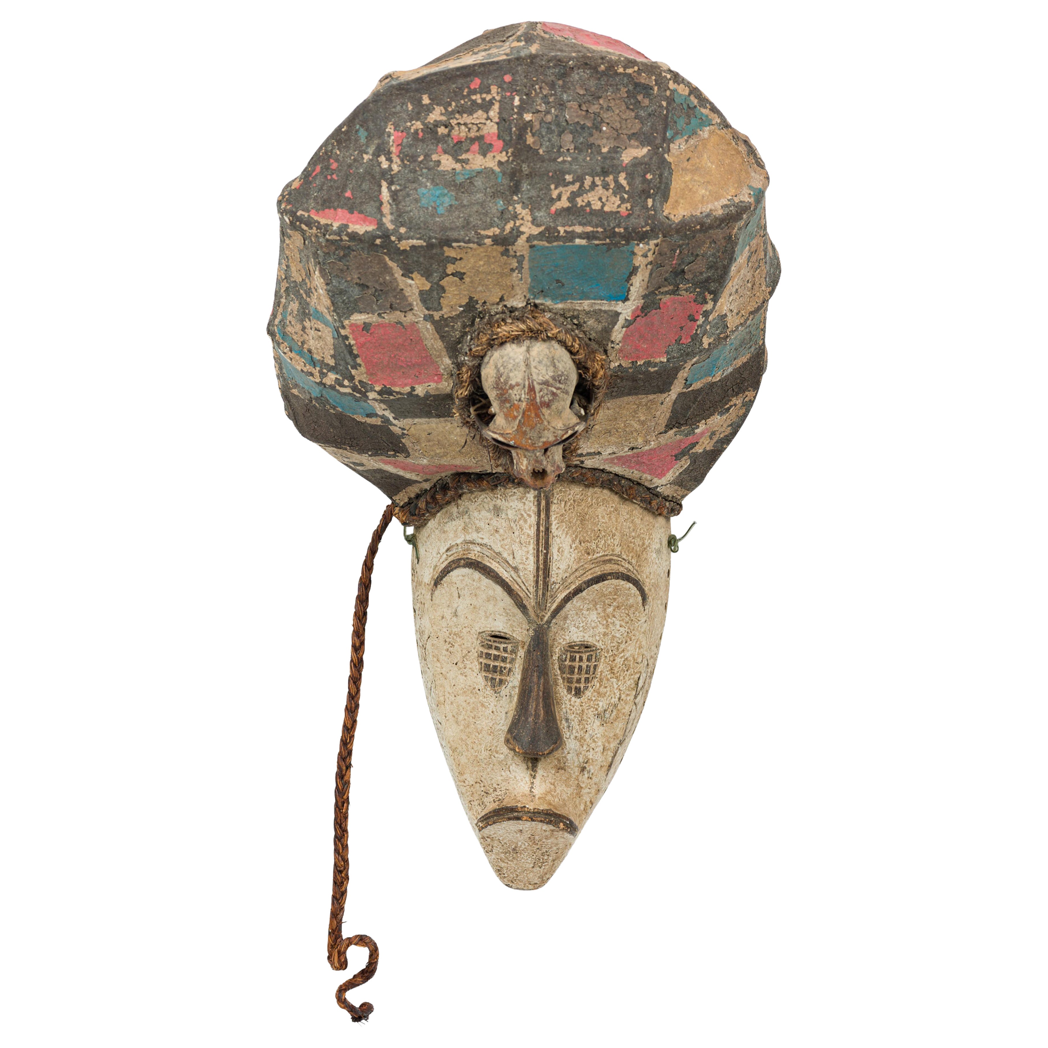 African Gabon Late 20th Century Wood Fang Headdress Mask with Monkey Skull