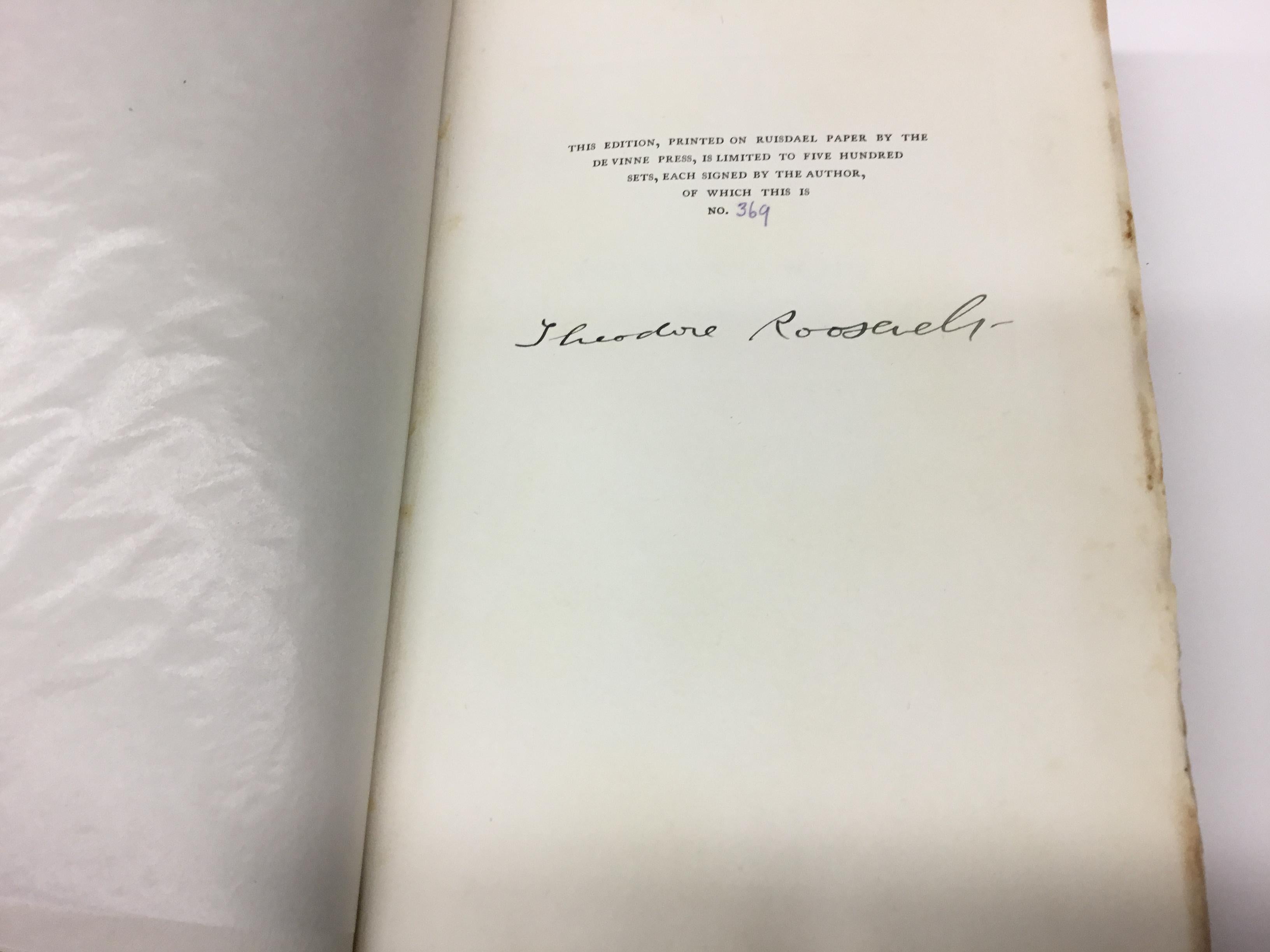 This is a signed Volume I (of two volumes) first edition printing of Theodore Roosevelt's African Game Trails. Published in New York by Charles Scribners Sons, 1910, this illustrated printing was limited to just 500 signed copies, of which this is