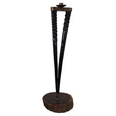 African Gemsbok Double Horn Candlestick Holder Hammered Brass Leadwood 28"