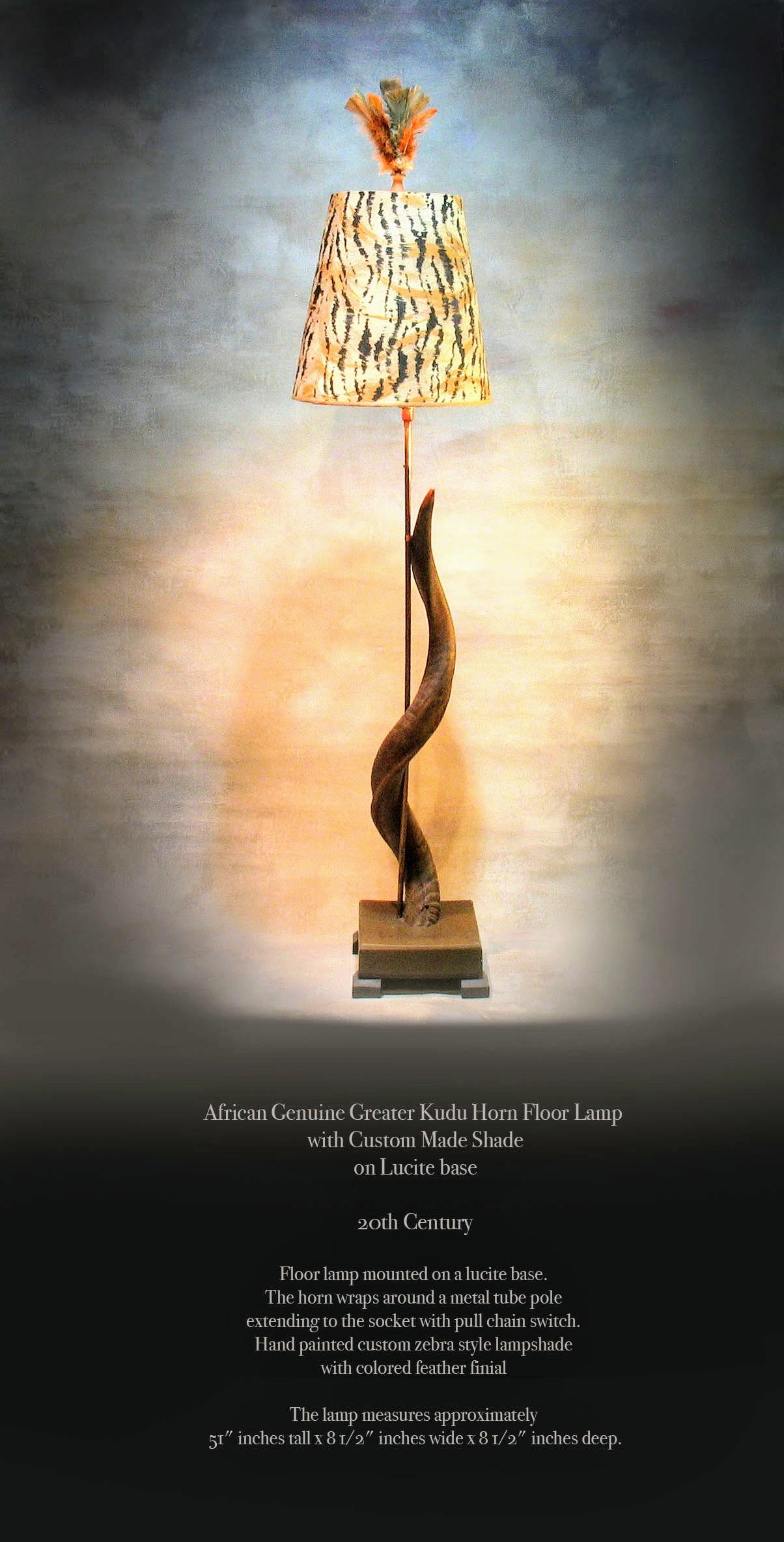 African Genuine Greater Kudu Horn Floor Lamp with Custom Made Shade, Lucite Base For Sale 3