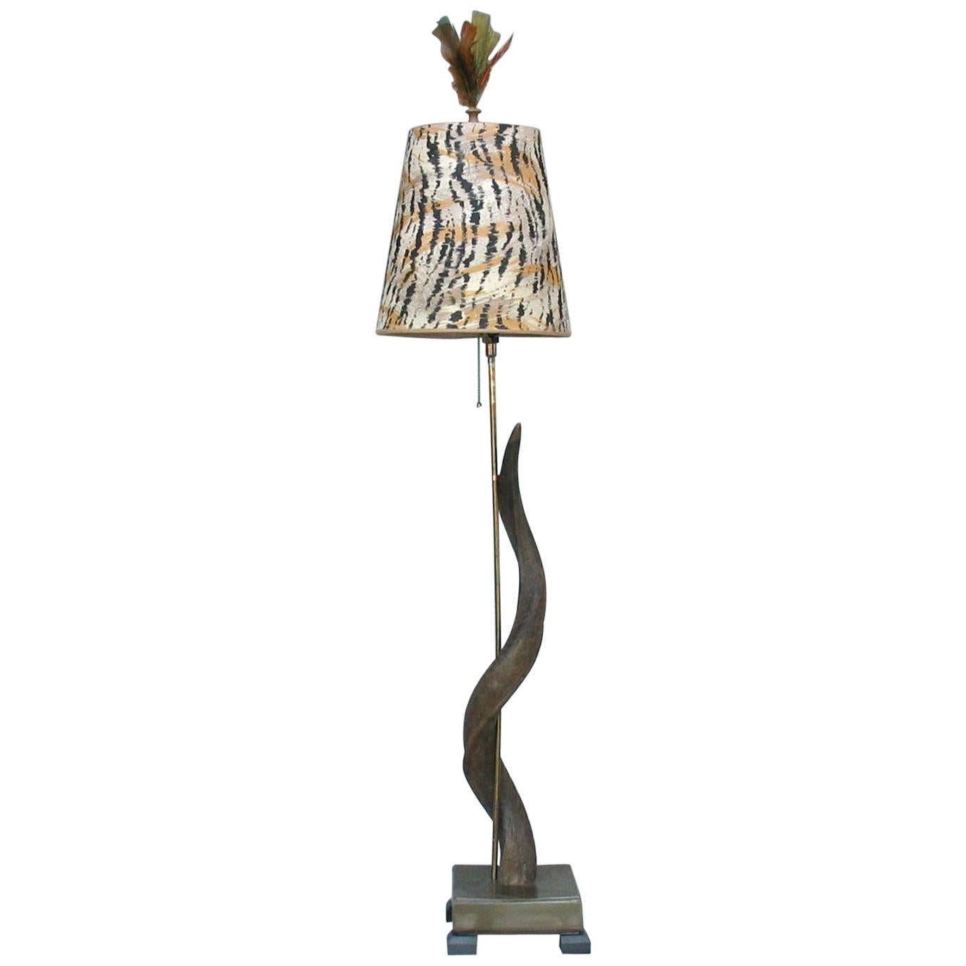 African Genuine Greater Kudu Horn Floor Lamp with Custom Made Shade, Lucite Base For Sale