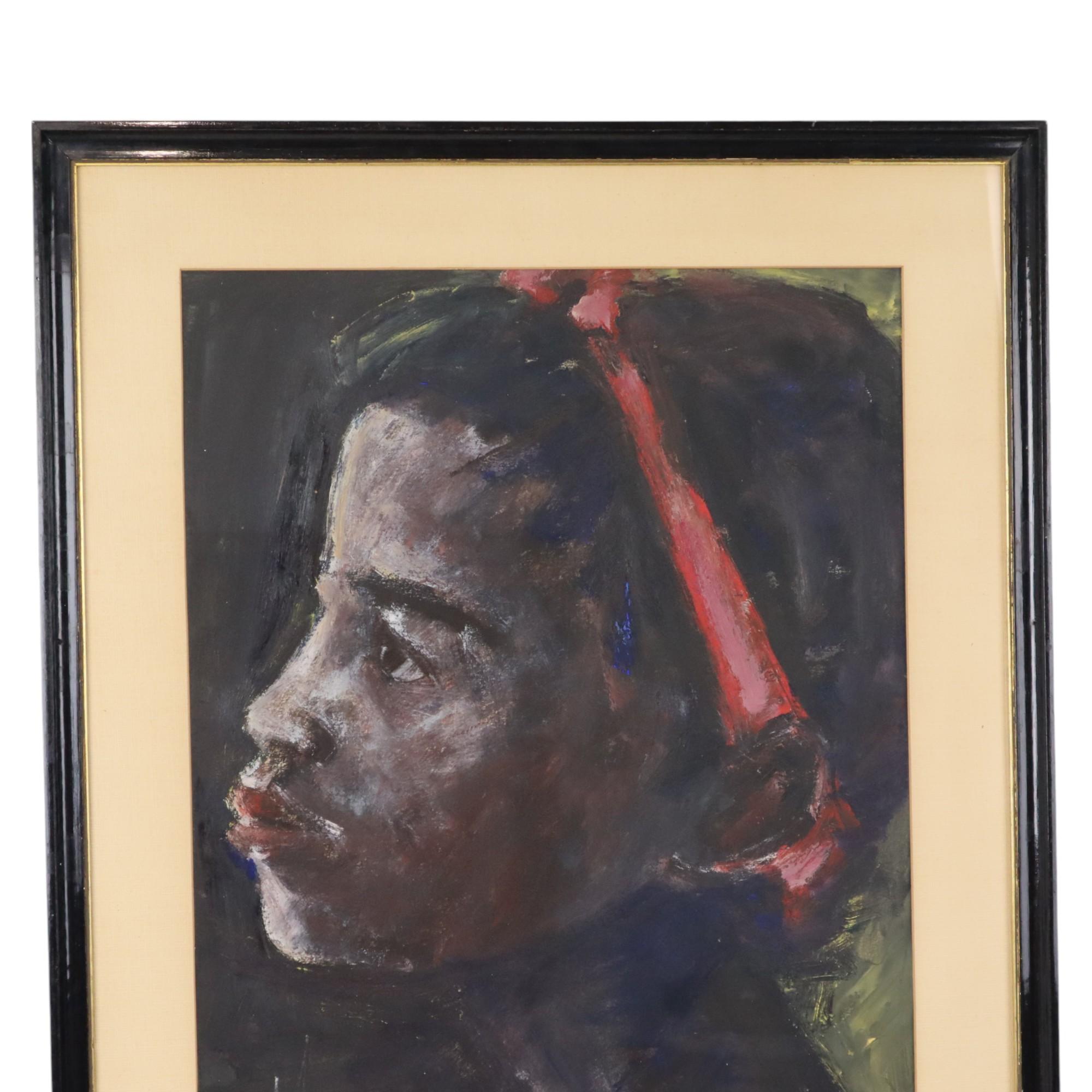Vintage painting, probably acrylic on paper, African-inspired art painted by a Belgian, signed bottom left, we think we can tell 'Weyne' from it, ca. second half of the 20th century.

Beautiful and elegant painting, portrait of an African girl with
