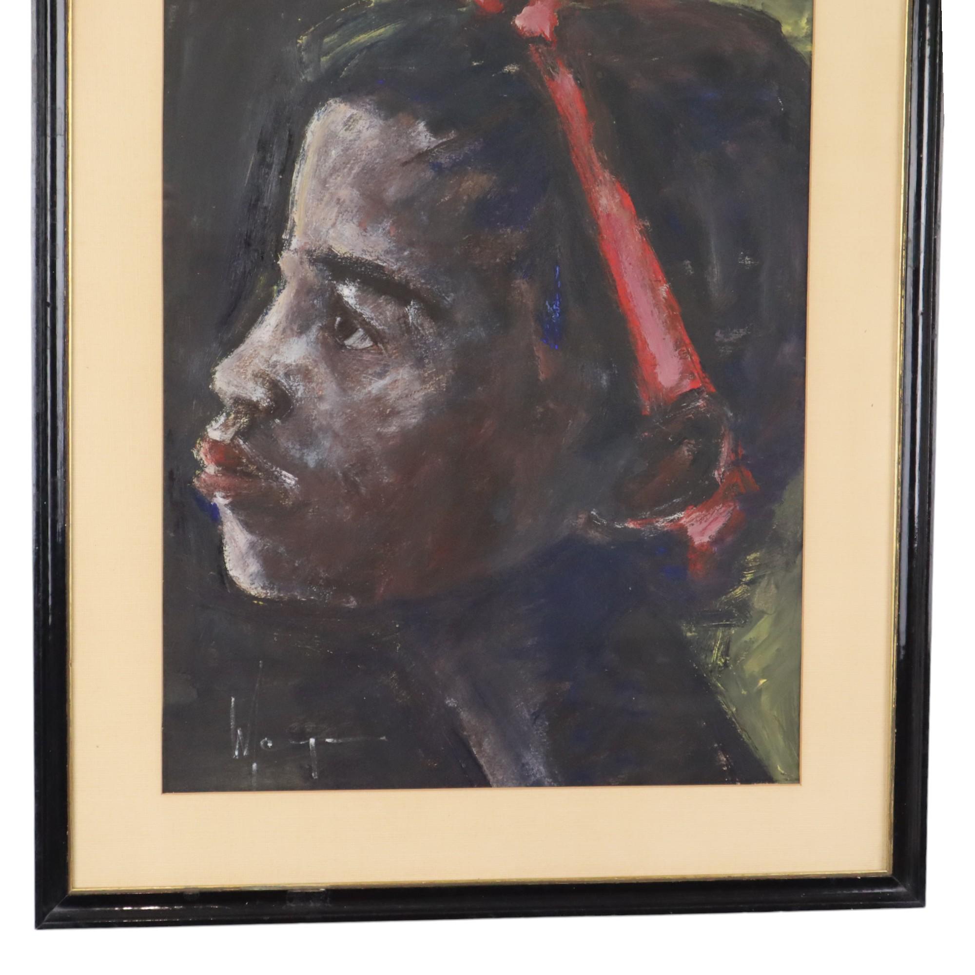Belgian African Girl Art Painting on Paper Weyne 66x56cm For Sale