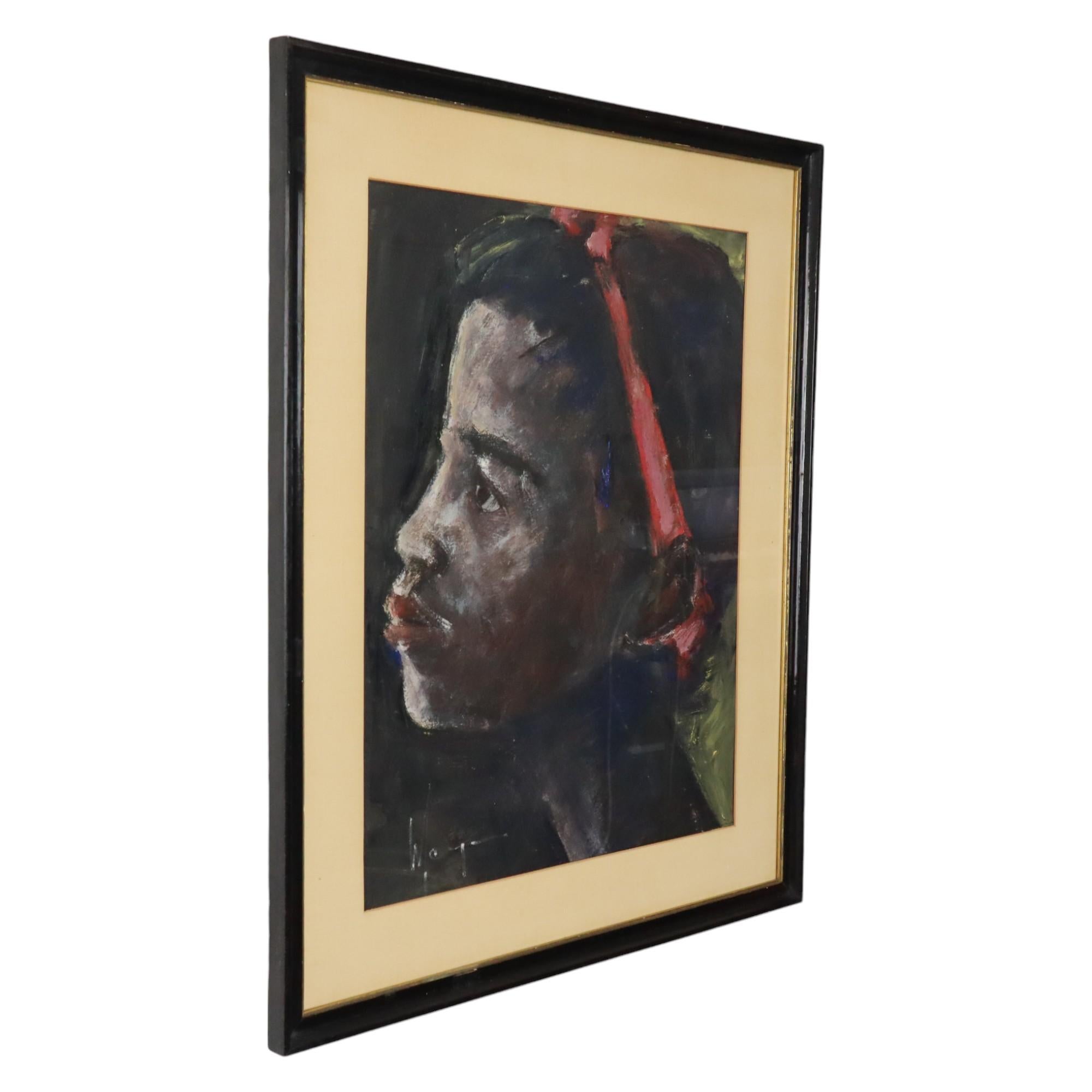 African Girl Art Painting on Paper Weyne 66x56cm In Good Condition For Sale In Poperinge, BE