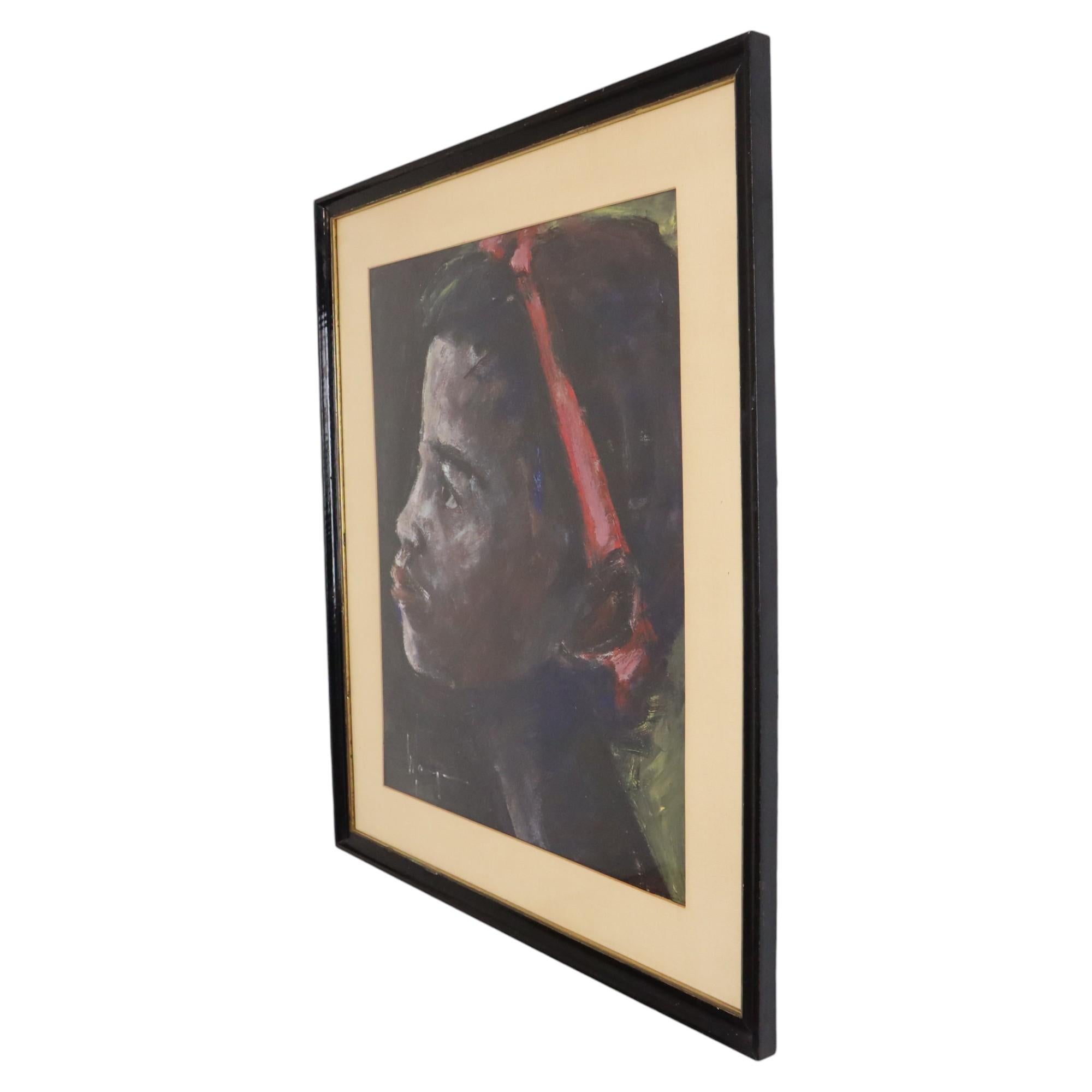 20th Century African Girl Art Painting on Paper Weyne 66x56cm For Sale