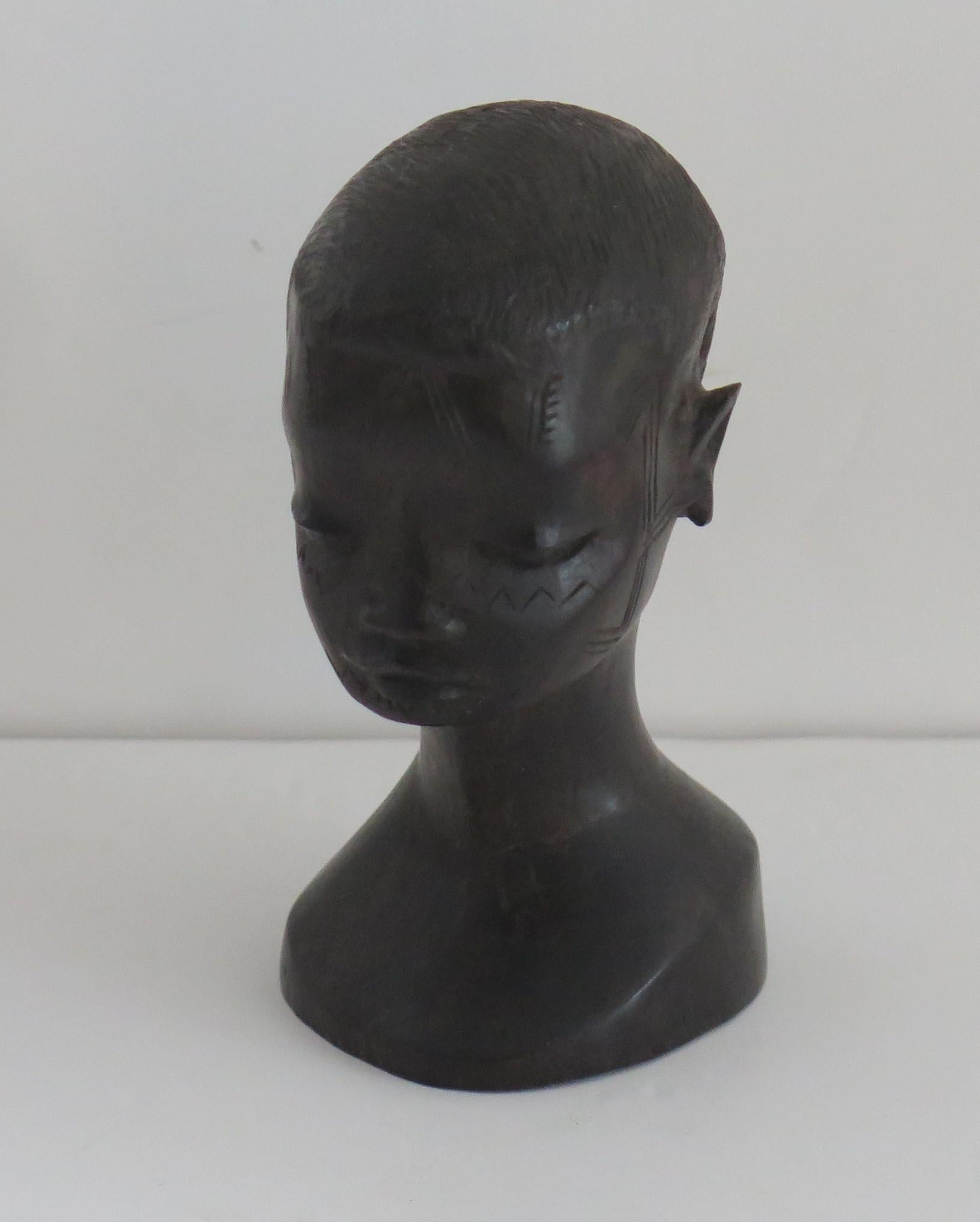 Folk Art African Head Finely Hand Carved in Heavy Hardwood, Mid 20th Century
