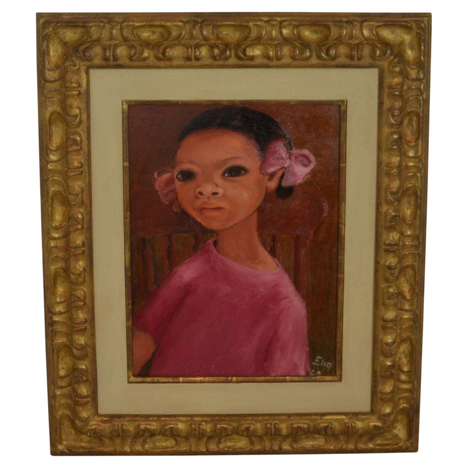 Oil painting portrait of a young girl. The frame is a carved wood gilded finish. Signed and dated 1960 on the bottom right corner.
   