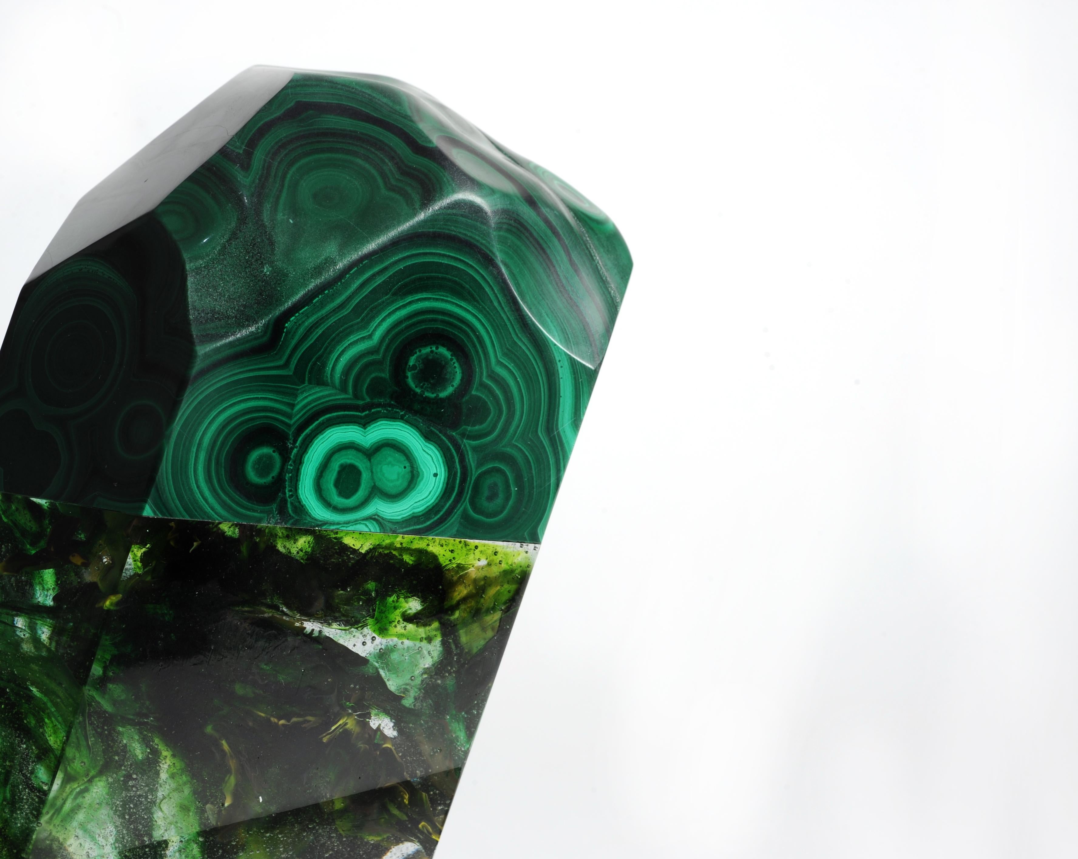 Meiosis, African malachite and glass sculpture from TYME collection, a collaboration by Orfeo Quagliata and Ernesto Durán.

TYME collection a dance between purity and detail bring a creation of unique pieces merging nature’s gems and human hand.