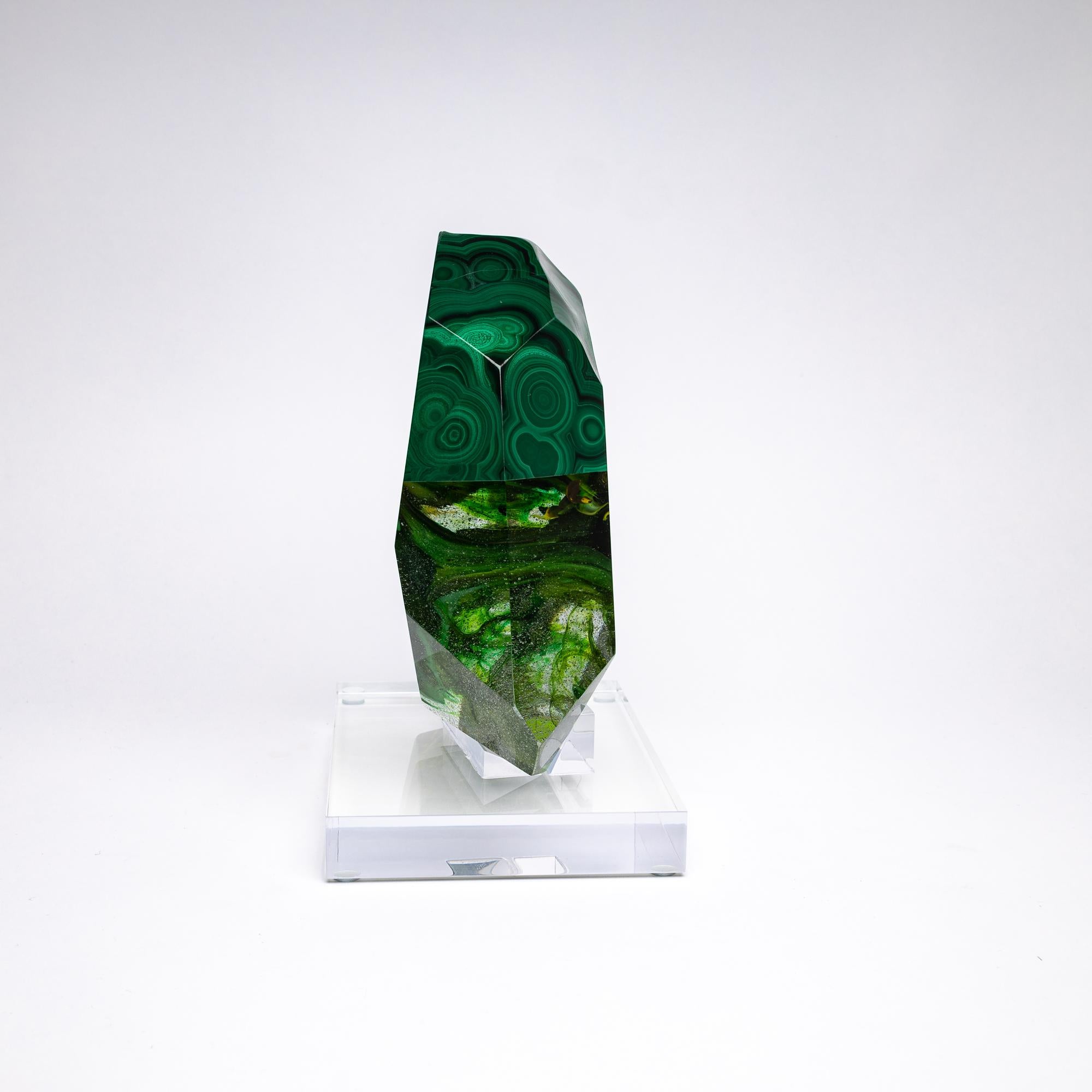 Organic Modern African Green Malachite and Green Shade Glass Organic Shape Sculpture