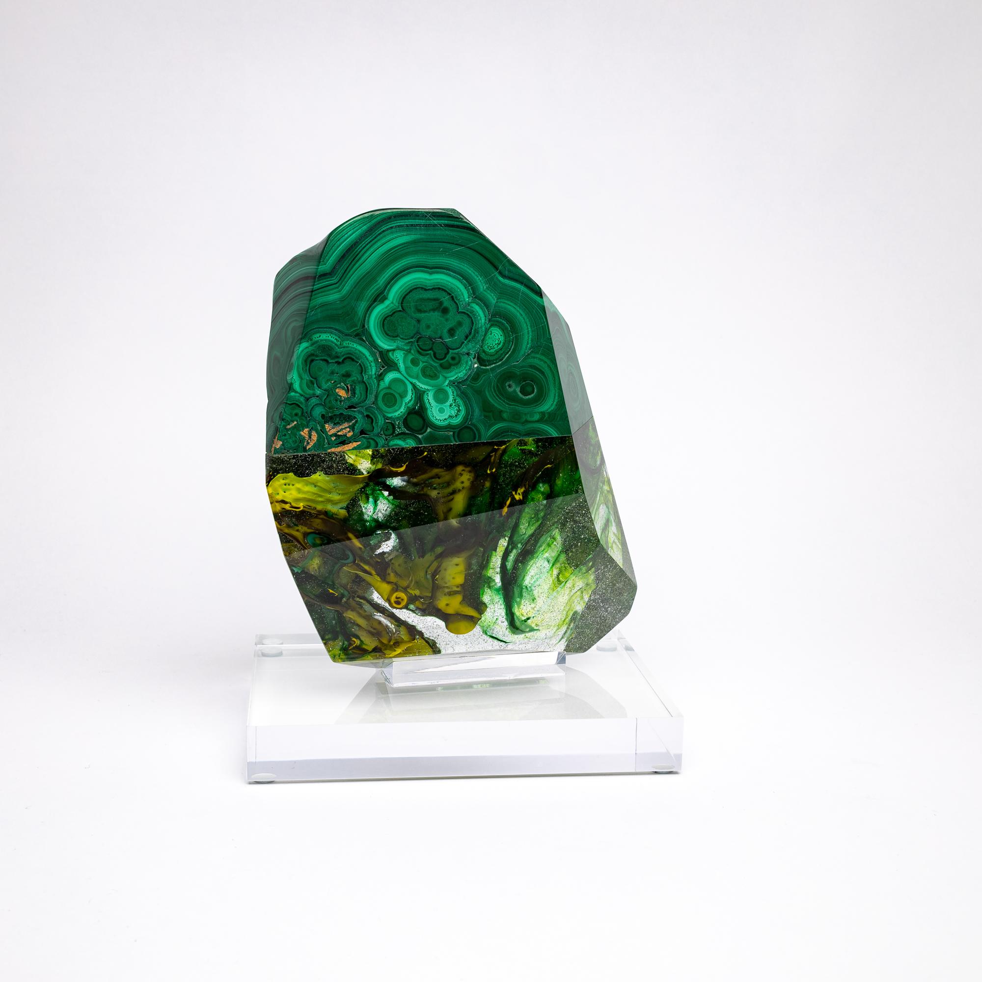 Mexican African Green Malachite and Green Shade Glass Organic Shape Sculpture