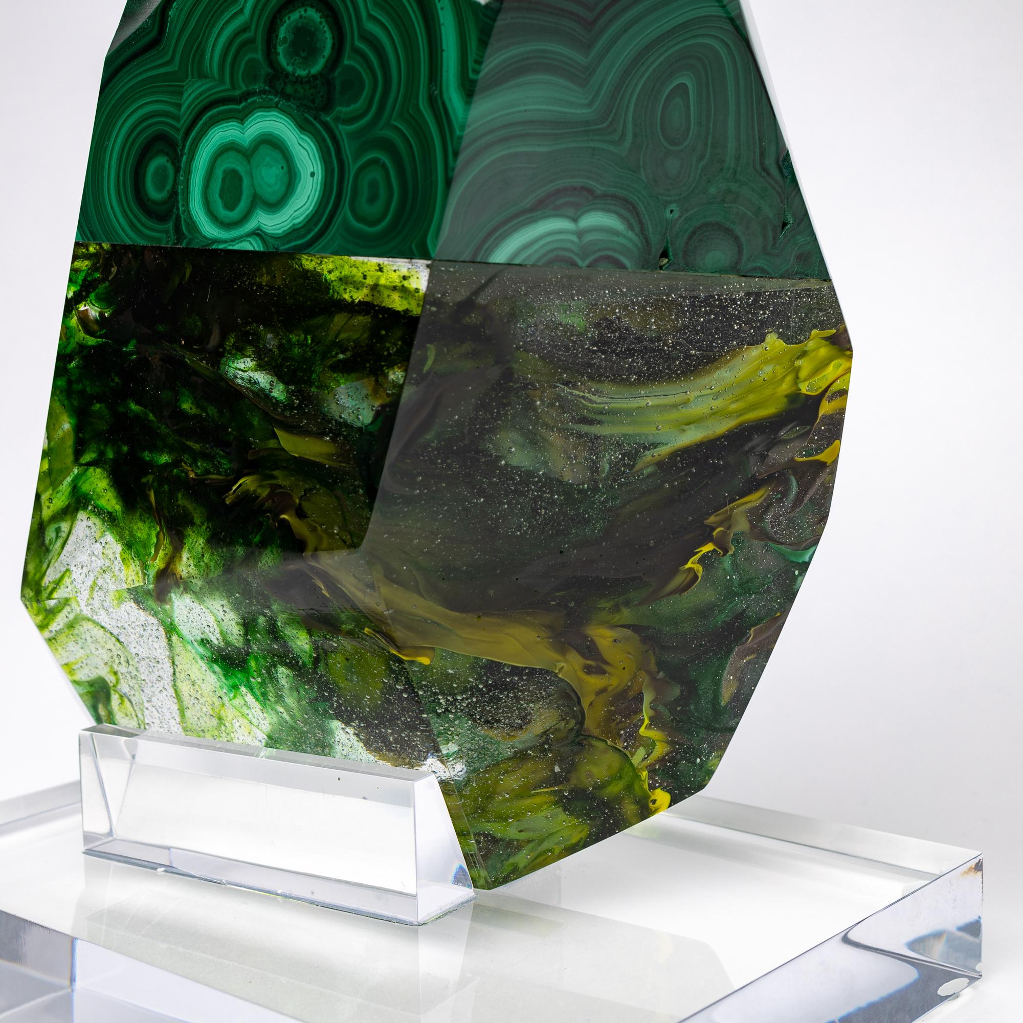 Contemporary African Green Malachite and Green Shade Glass Organic Shape Sculpture