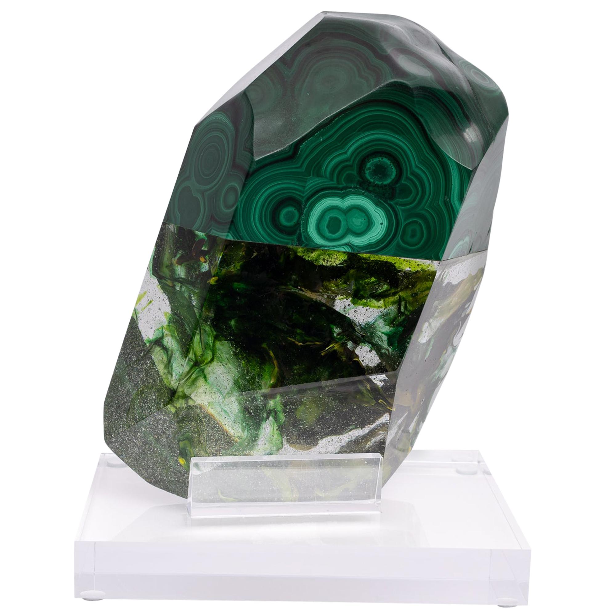African Green Malachite and Green Shade Glass Organic Shape Sculpture