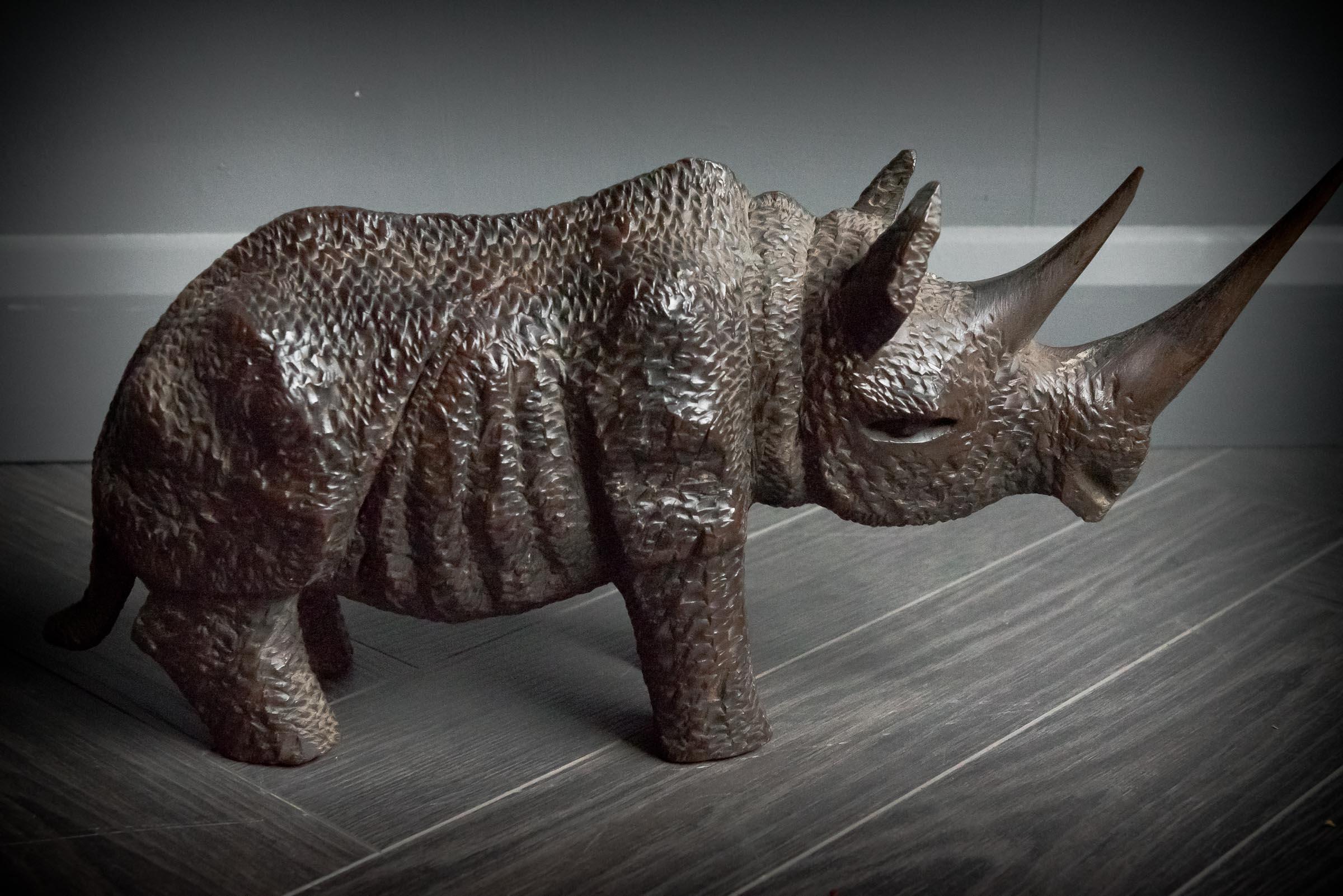 Wood African Hand Carved Pair of Black and White Rhinos For Sale