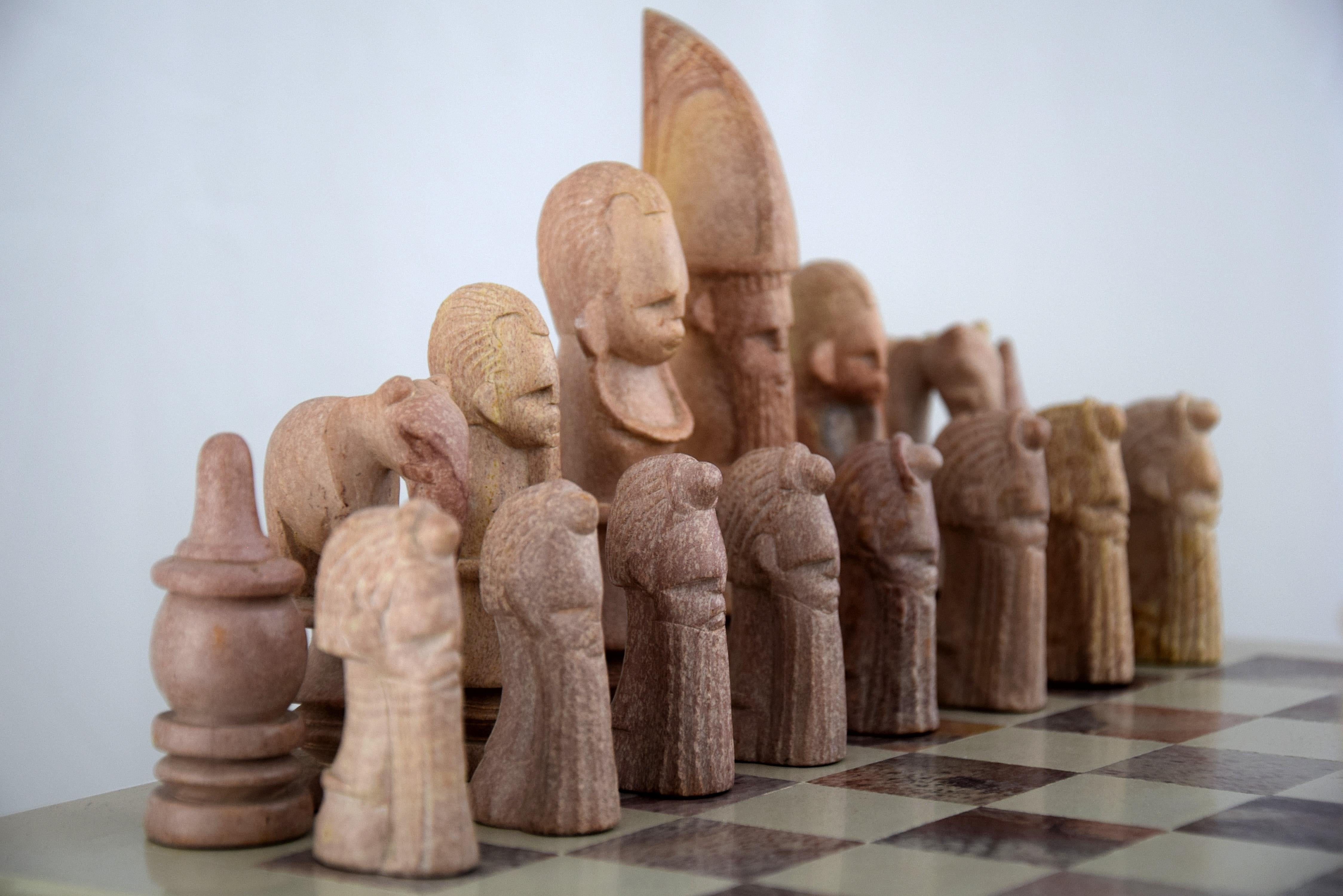 Post-Modern African Hand Carved Stone Chess Set 1980