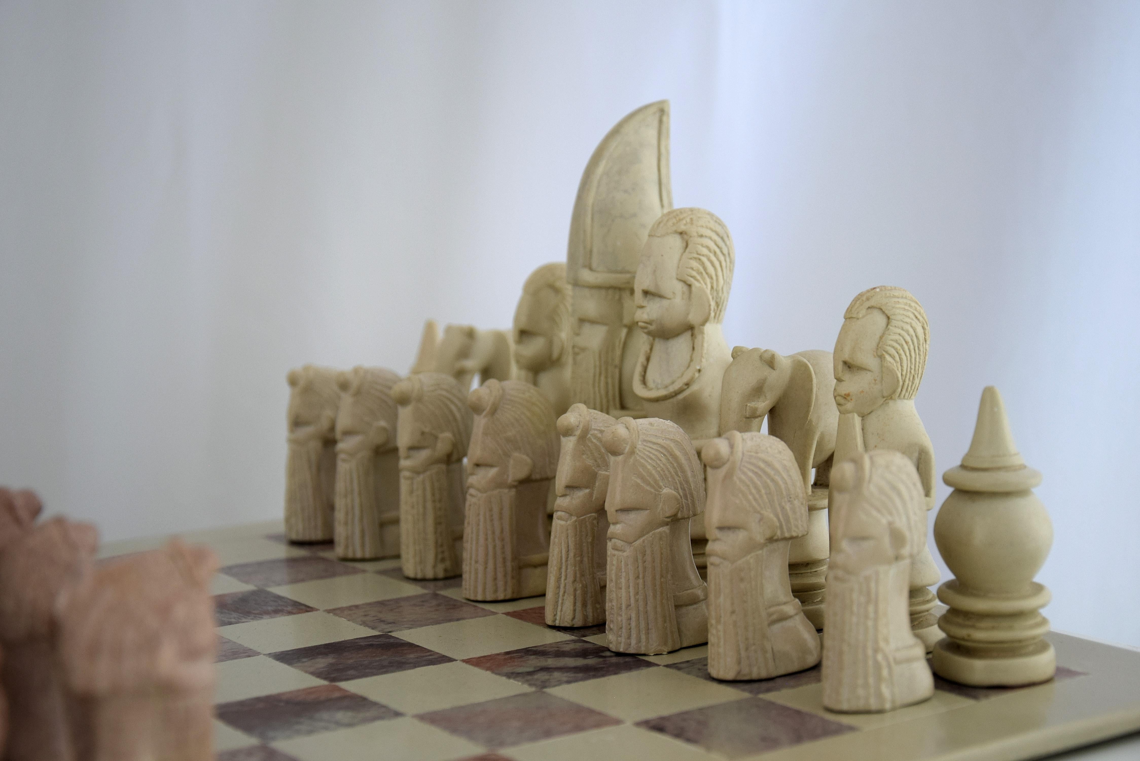Late 20th Century African Hand Carved Stone Chess Set 1980