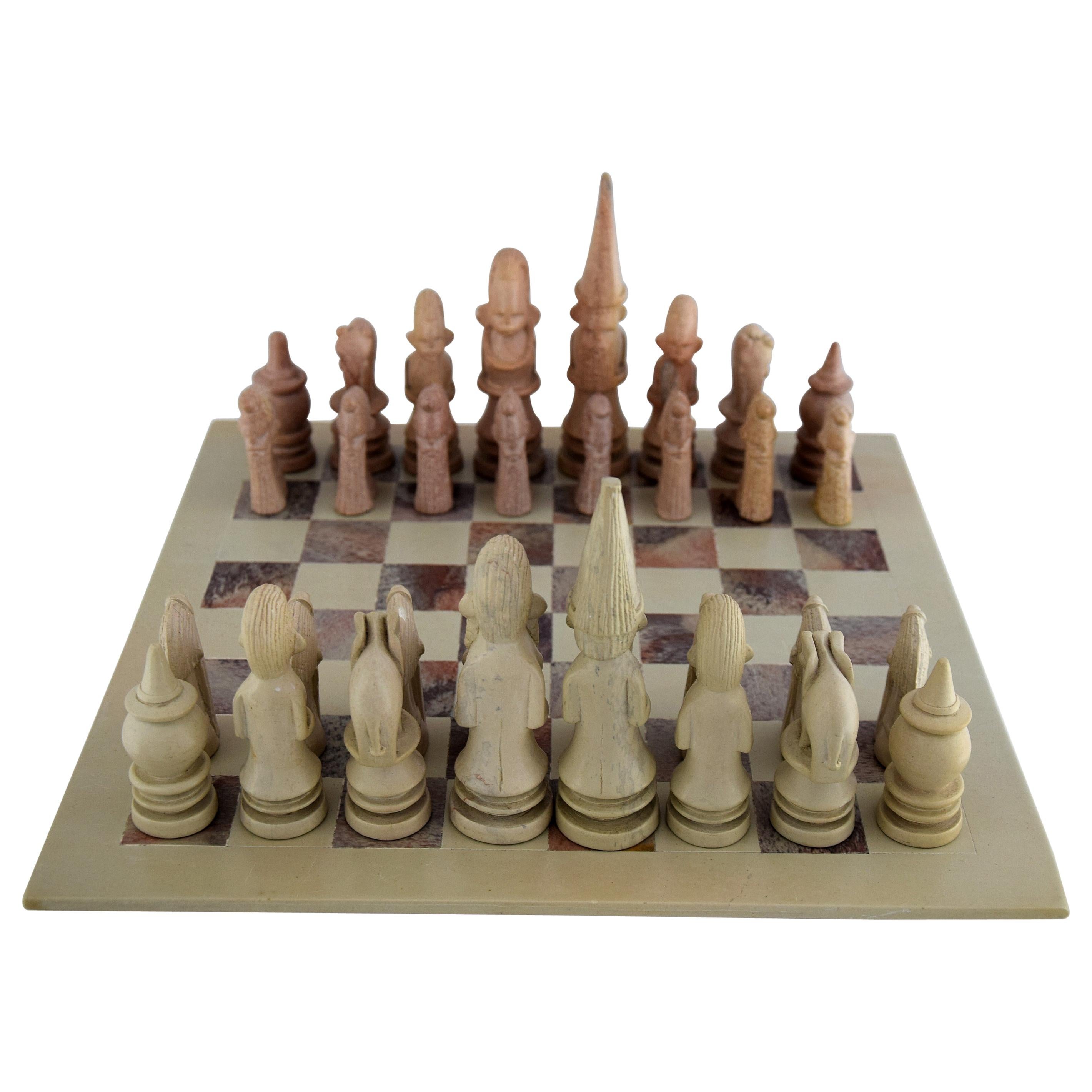 Large Hand Carved Natural Soapstone Chess Board and Tribal Chess Set *Fast 