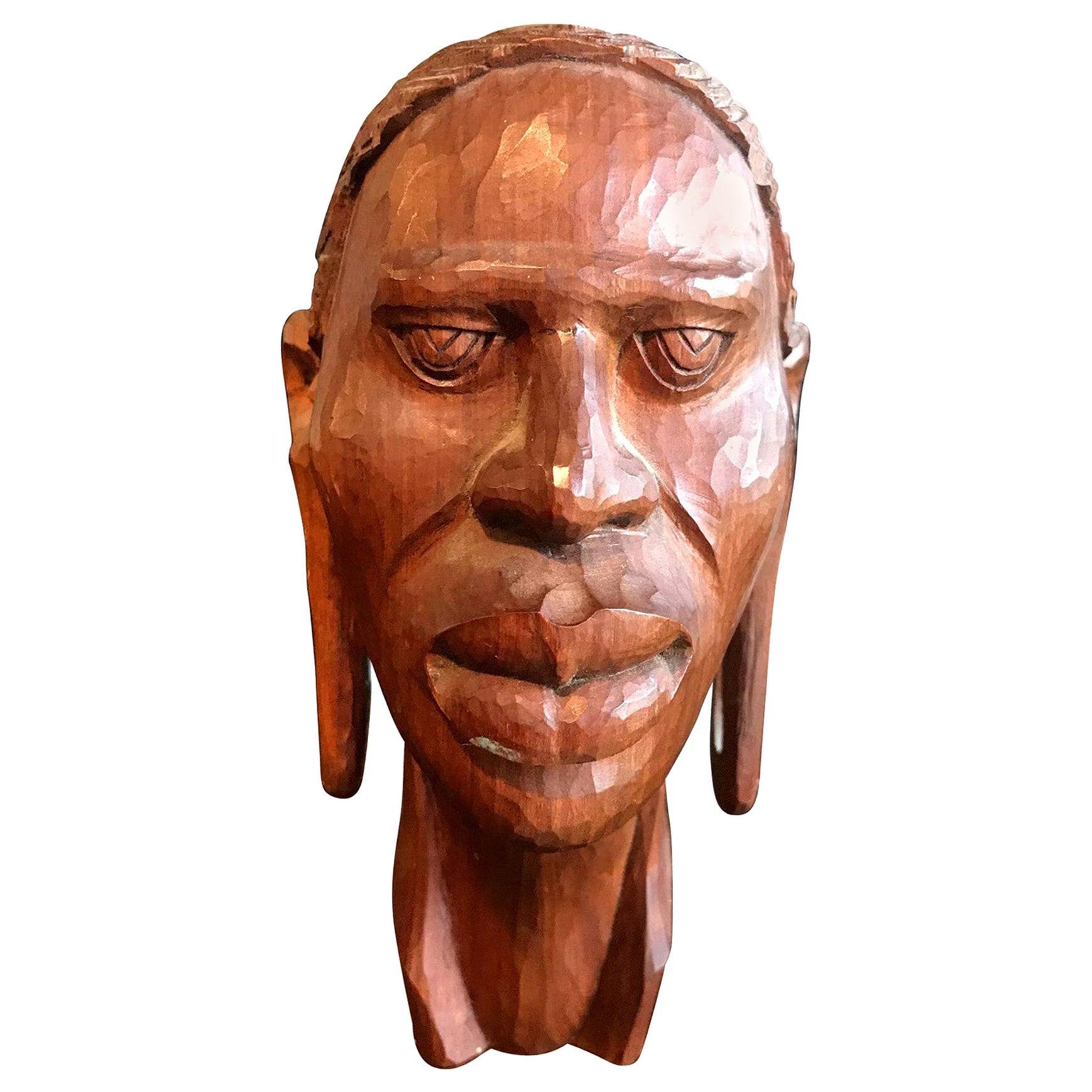 African Hand Carved Wood Head Bust Sculpture