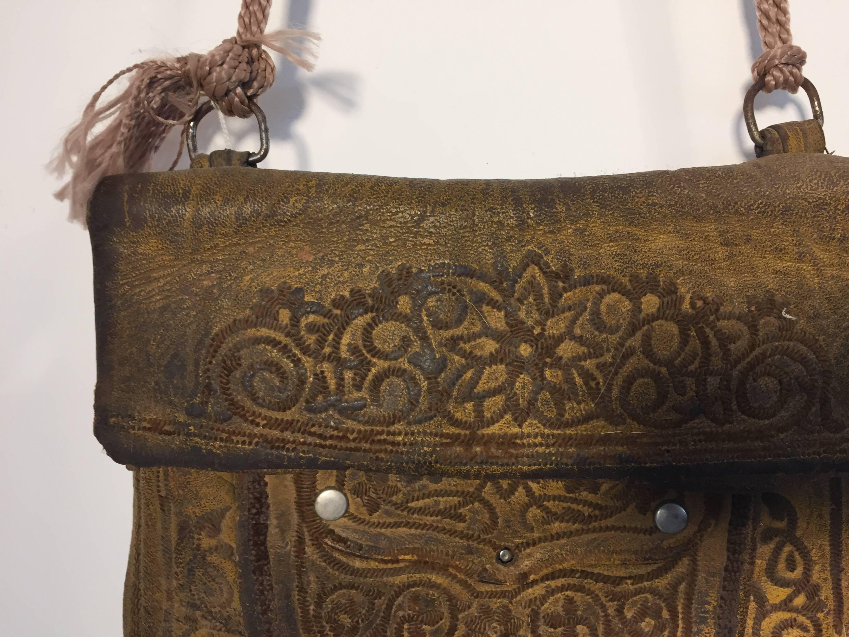 Brown African Hand Tooled Leather Moroccan Shoulder Bag For Sale