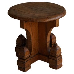 African Handmade Vintage Stool / Pedestal in Solid Oak, Wabi Sabi, 1950s