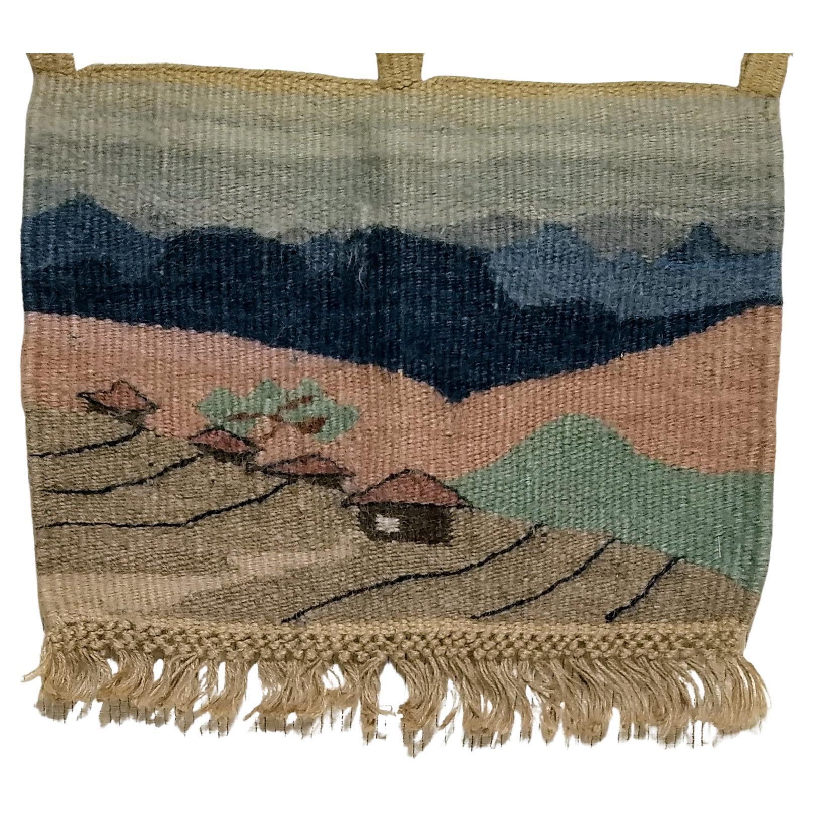Vintage Hand Woven African Tapestry Depicting Village and Mountain Landscape 