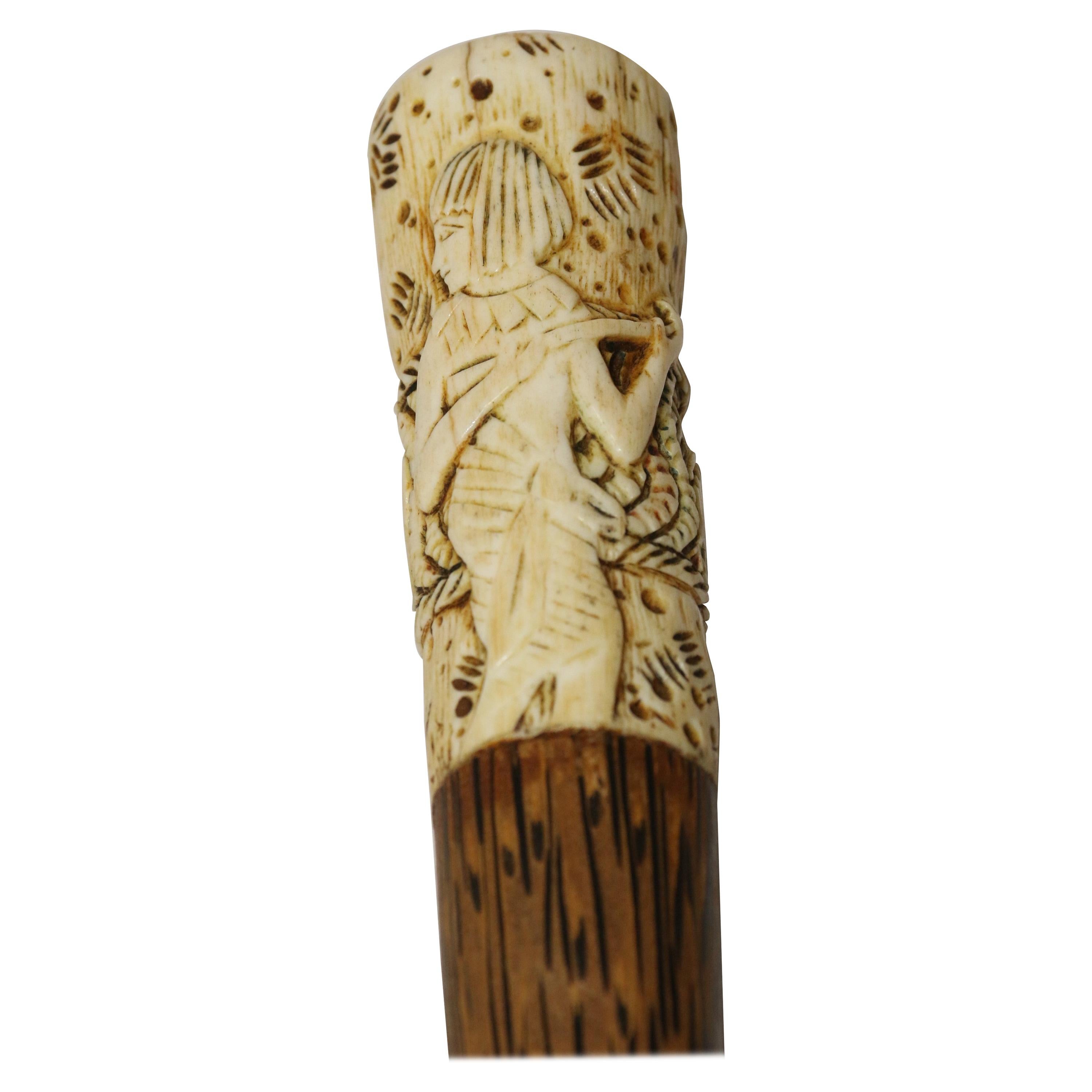 African Hardwood and Carved Bone Early 20th Century Walking Stick For Sale