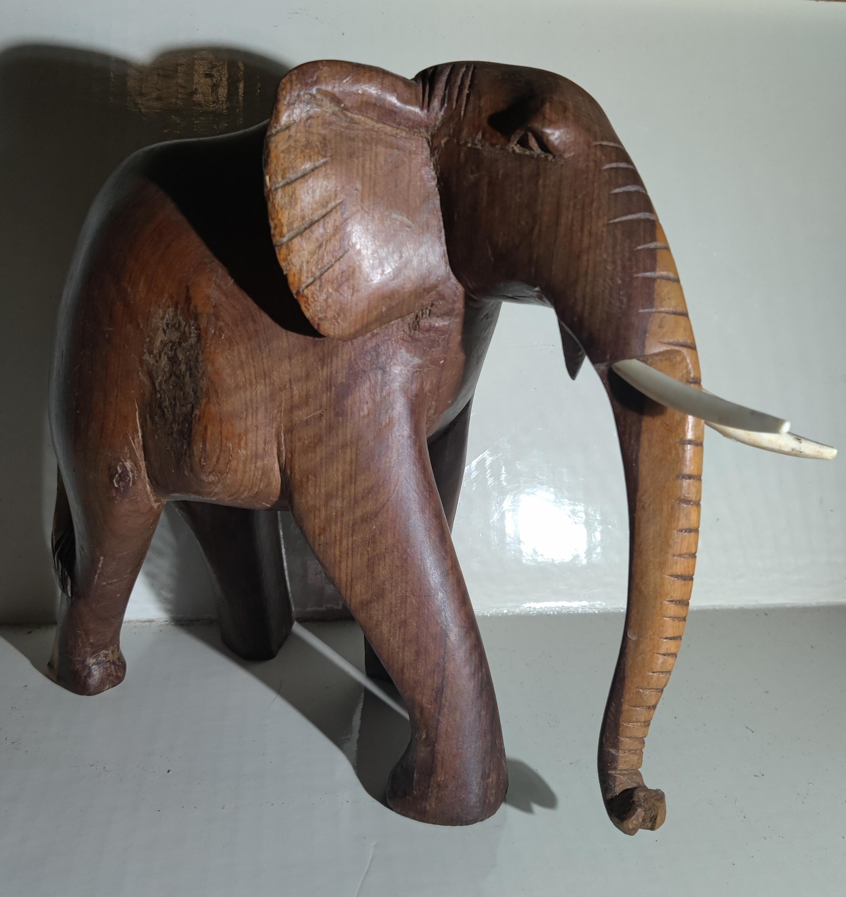 African Heavy Wood Carved Elephant with Tusks For Sale 7