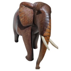 Retro African Heavy Wood Carved Elephant with Tusks