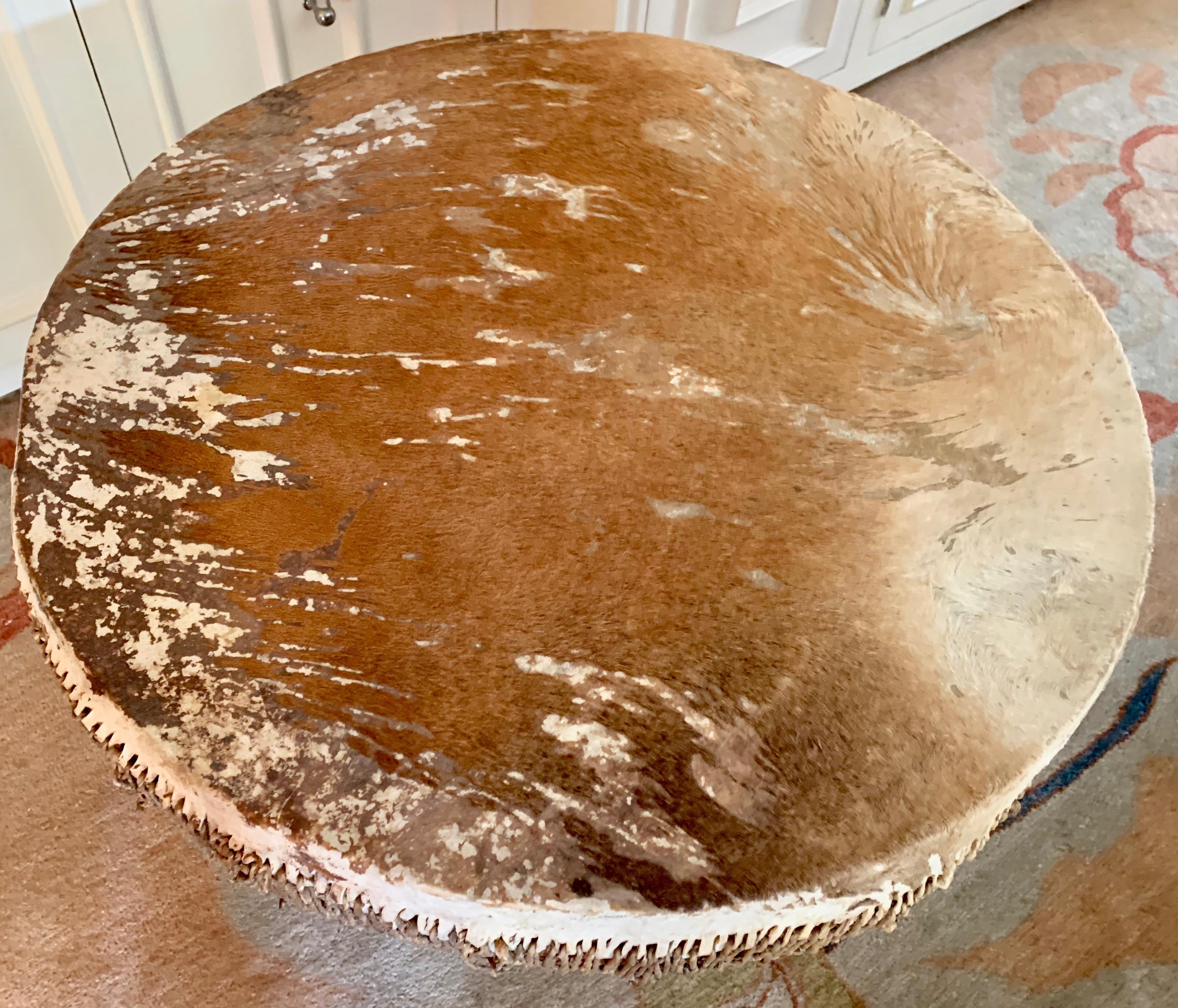 Carved African Hide Drum Table